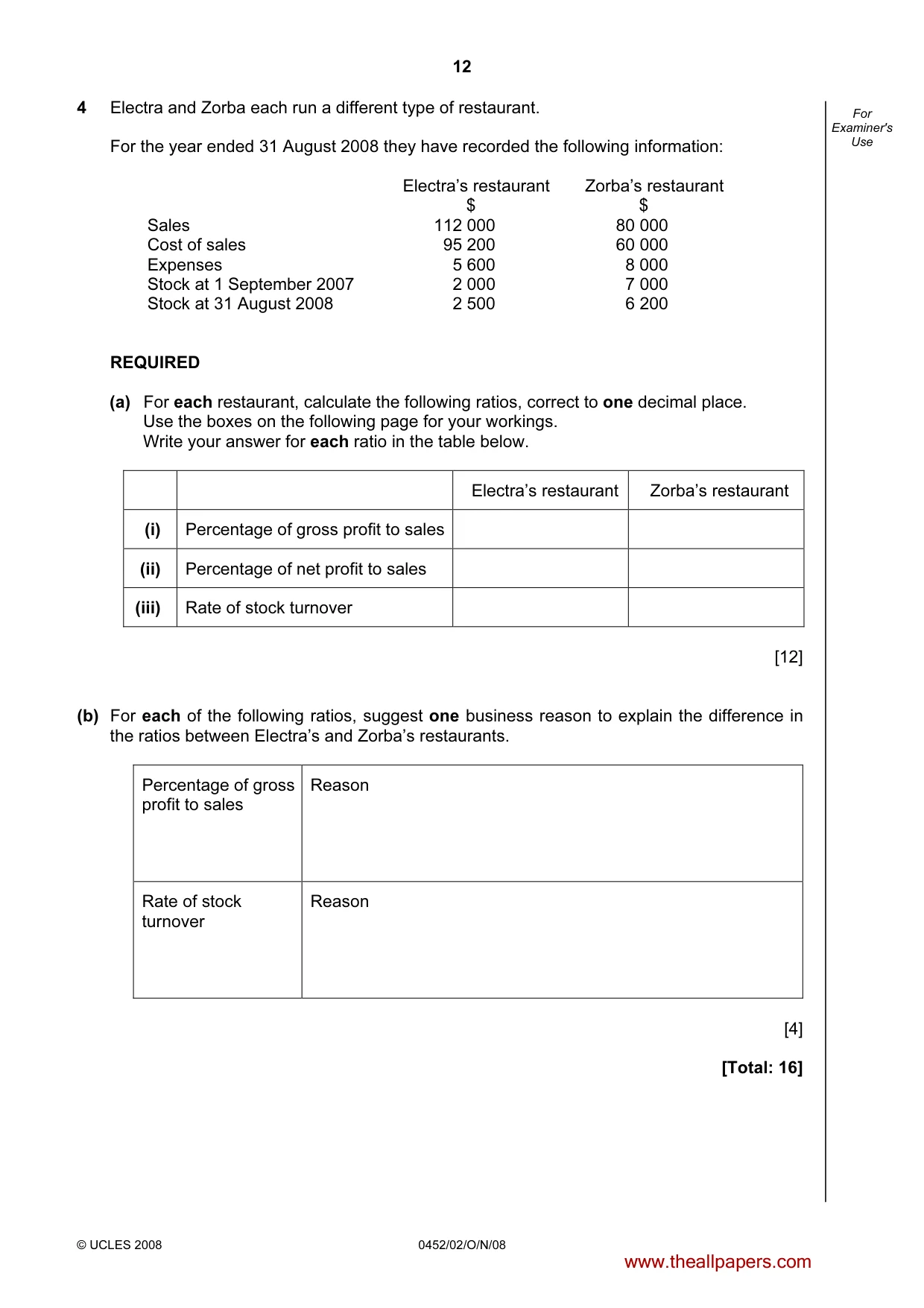 Cambridge IGCSE Accounting 0452 2008 Oct/Nov Paper 2 · Variant 1 question paper, page 12 of 16