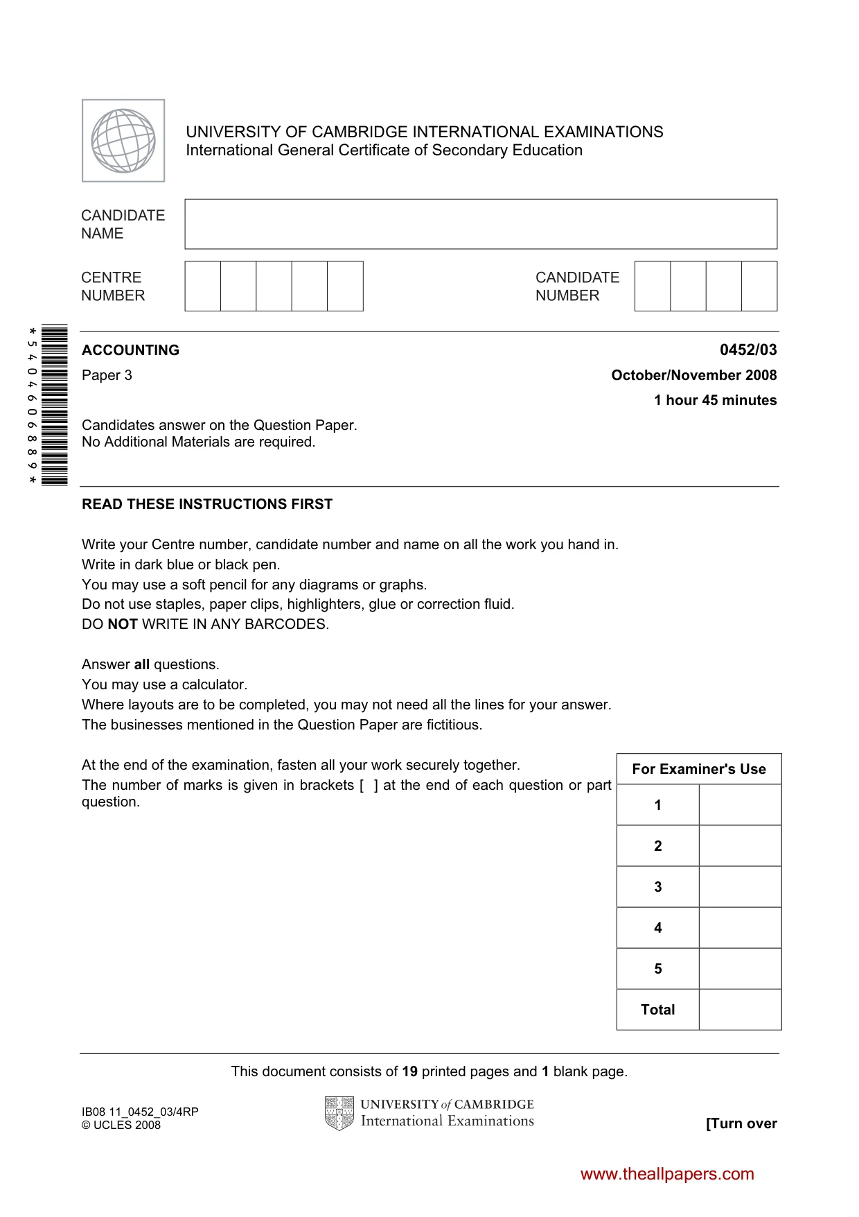Cambridge IGCSE Accounting 0452 2008 Oct/Nov Paper 3 · Variant 1 question paper, page 1 of 20
