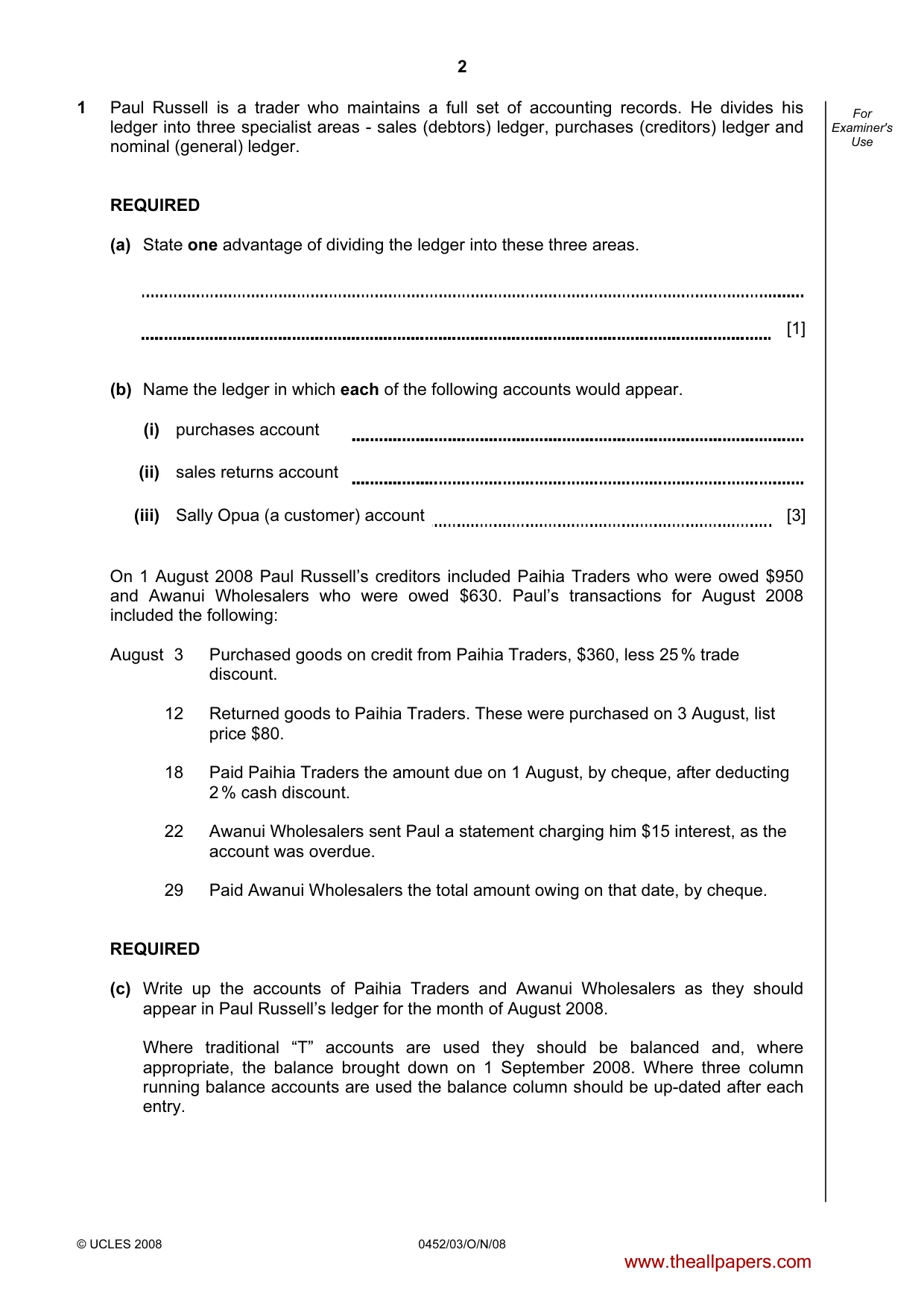 Cambridge IGCSE Accounting 0452 2008 Oct/Nov Paper 3 · Variant 1 question paper, page 2 of 20
