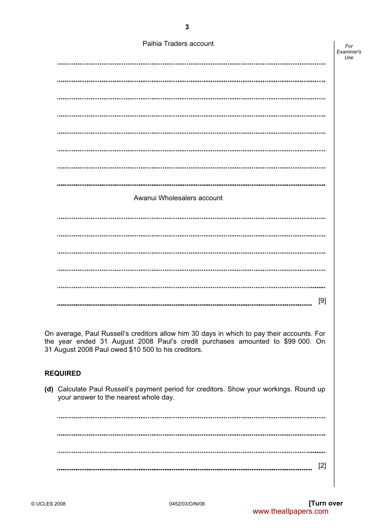 Cambridge IGCSE Accounting 0452 2008 Oct/Nov Paper 3 · Variant 1 question paper, page 3 of 20