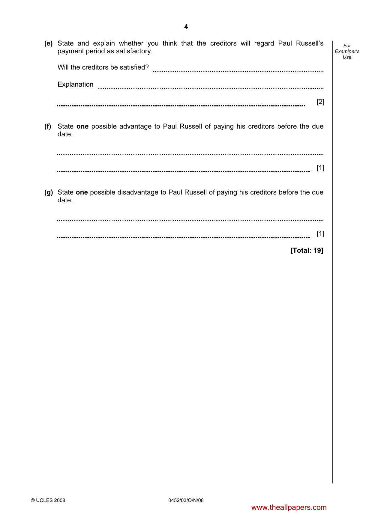 Cambridge IGCSE Accounting 0452 2008 Oct/Nov Paper 3 · Variant 1 question paper, page 4 of 20