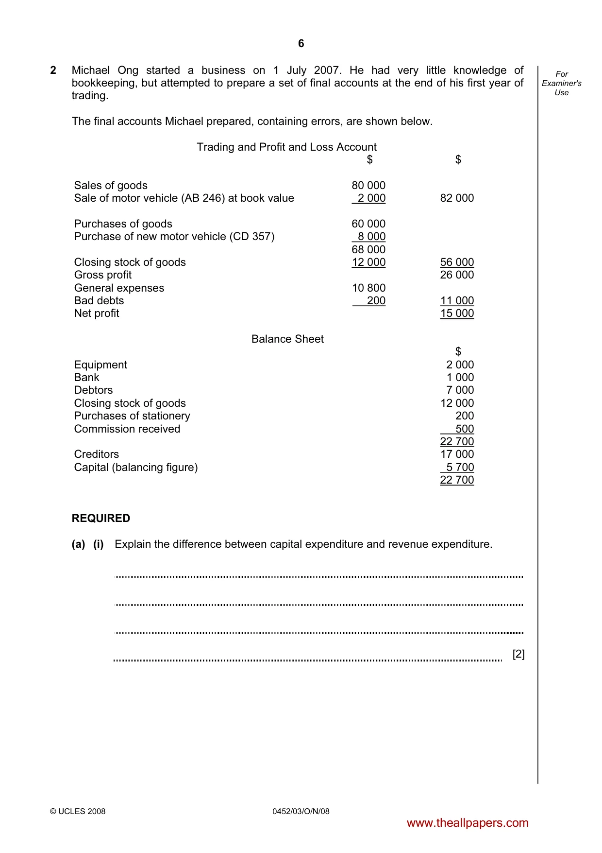 Cambridge IGCSE Accounting 0452 2008 Oct/Nov Paper 3 · Variant 1 question paper, page 6 of 20