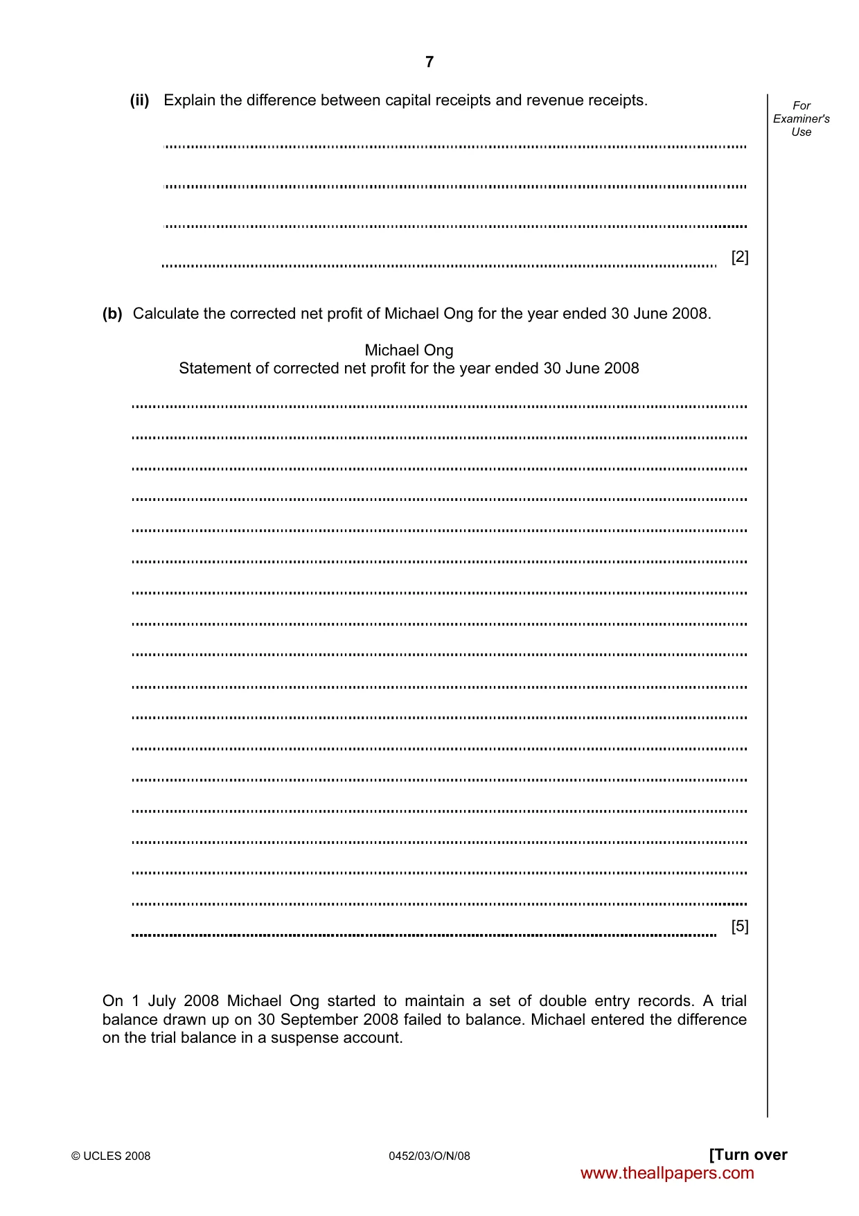 Cambridge IGCSE Accounting 0452 2008 Oct/Nov Paper 3 · Variant 1 question paper, page 7 of 20