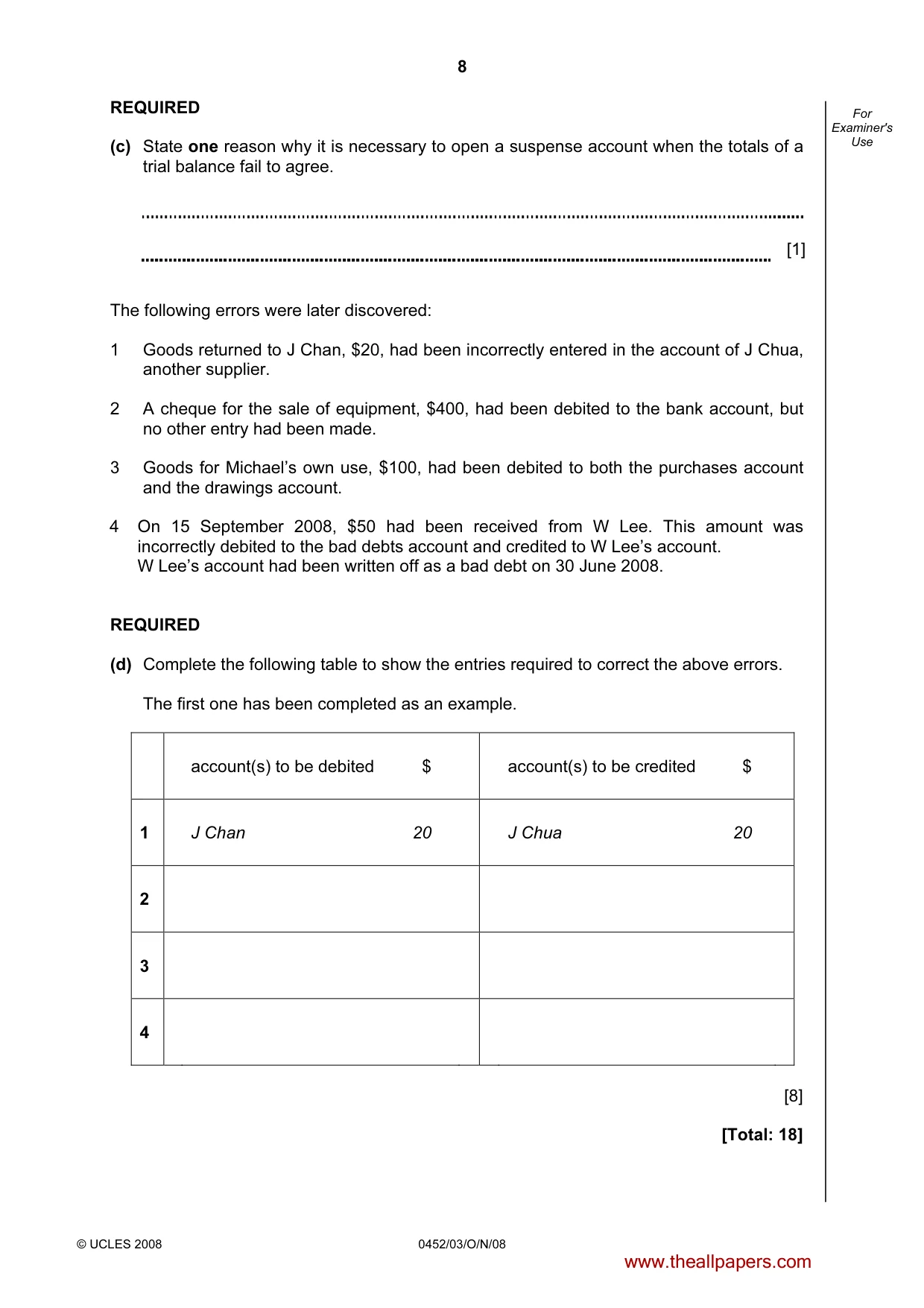 Cambridge IGCSE Accounting 0452 2008 Oct/Nov Paper 3 · Variant 1 question paper, page 8 of 20