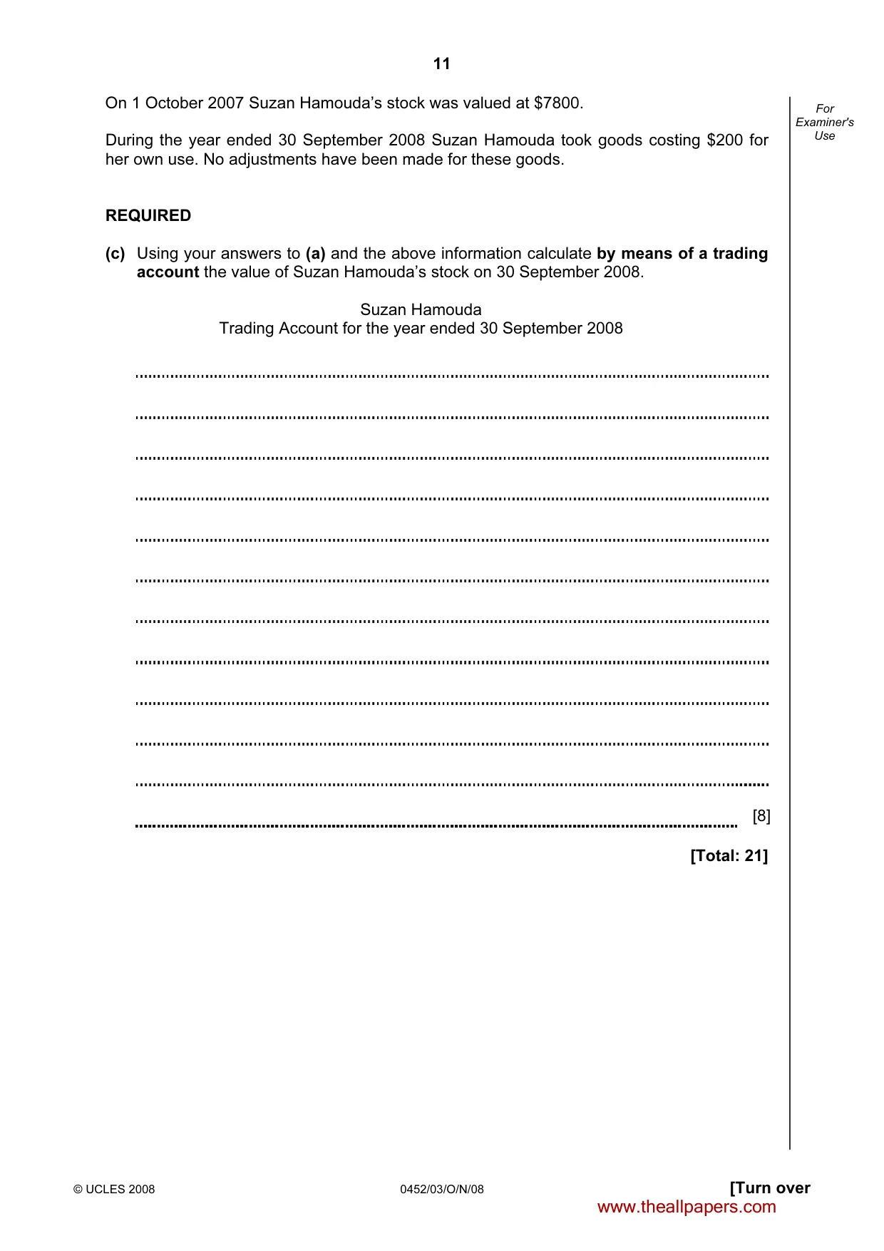 Cambridge IGCSE Accounting 0452 2008 Oct/Nov Paper 3 · Variant 1 question paper, page 11 of 20