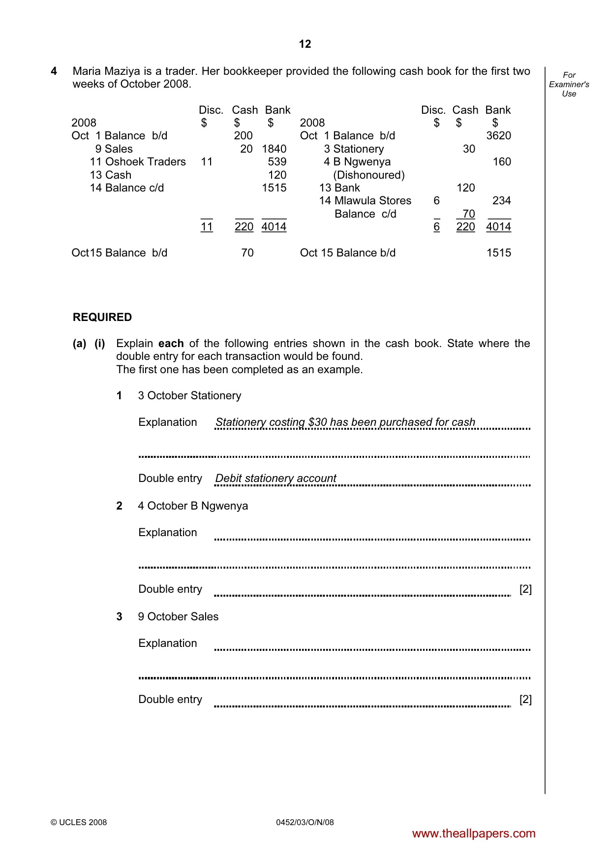 Cambridge IGCSE Accounting 0452 2008 Oct/Nov Paper 3 · Variant 1 question paper, page 12 of 20