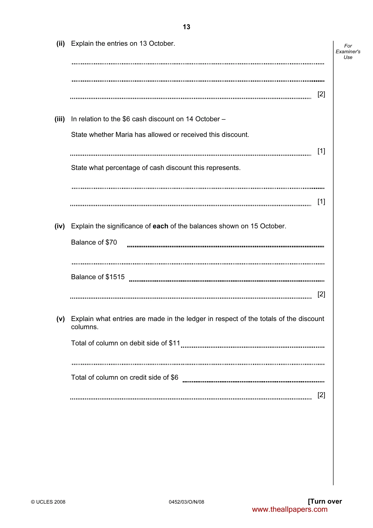 Cambridge IGCSE Accounting 0452 2008 Oct/Nov Paper 3 · Variant 1 question paper, page 13 of 20