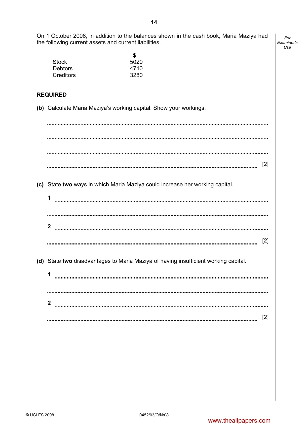 Cambridge IGCSE Accounting 0452 2008 Oct/Nov Paper 3 · Variant 1 question paper, page 14 of 20
