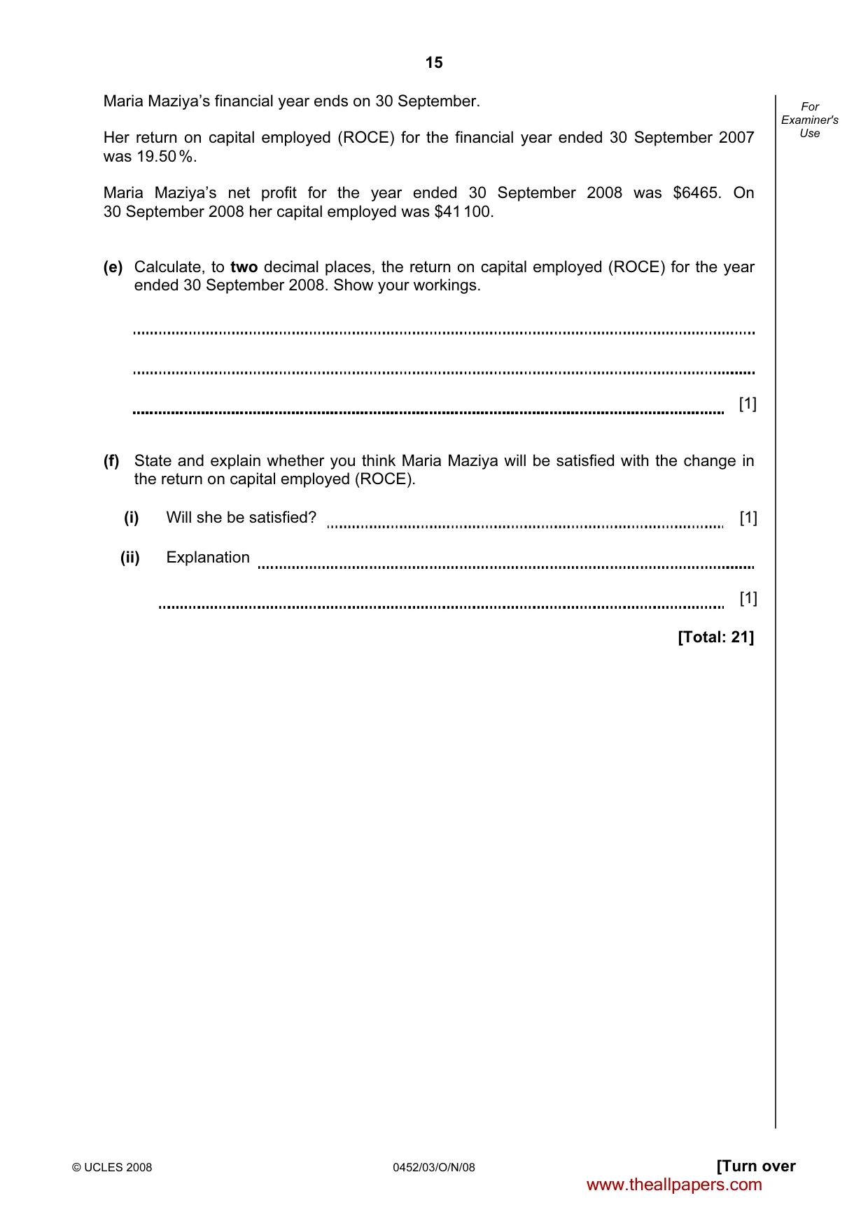 Cambridge IGCSE Accounting 0452 2008 Oct/Nov Paper 3 · Variant 1 question paper, page 15 of 20