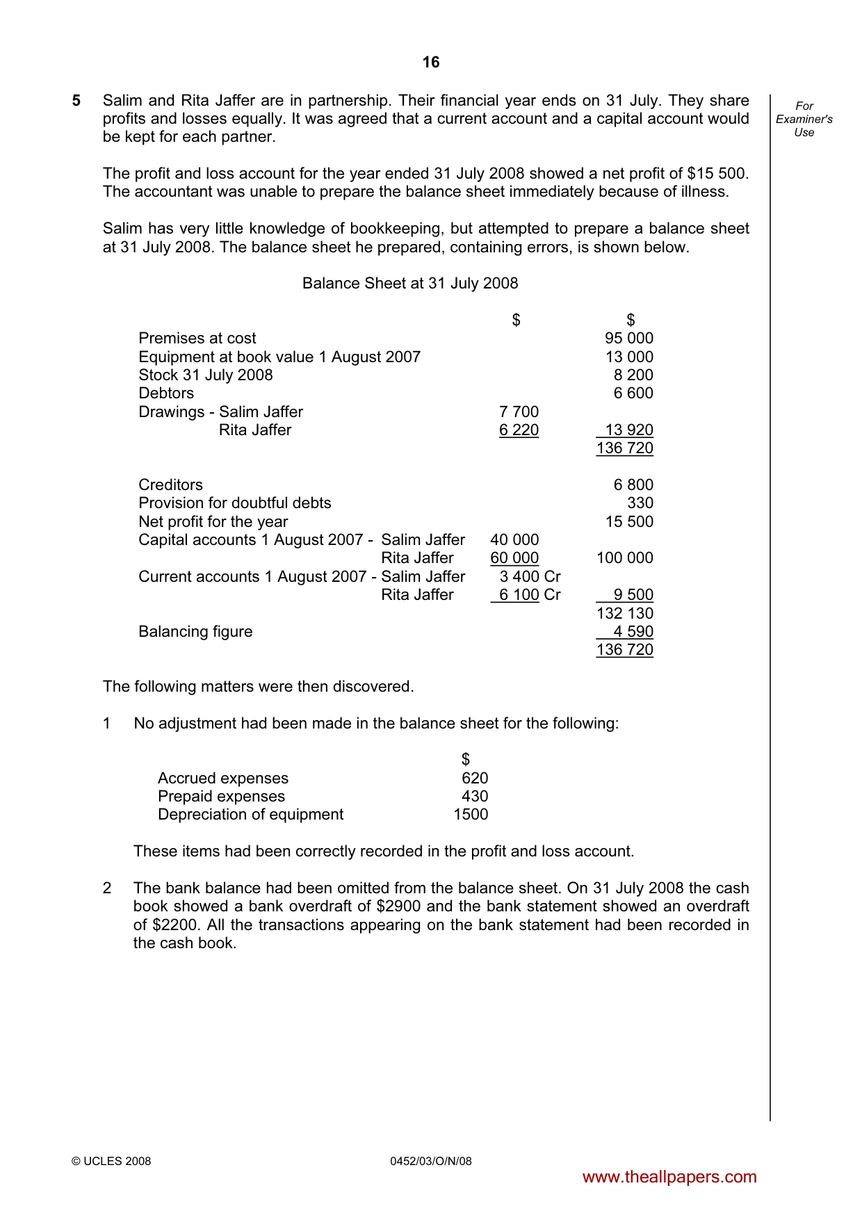 Cambridge IGCSE Accounting 0452 2008 Oct/Nov Paper 3 · Variant 1 question paper, page 16 of 20