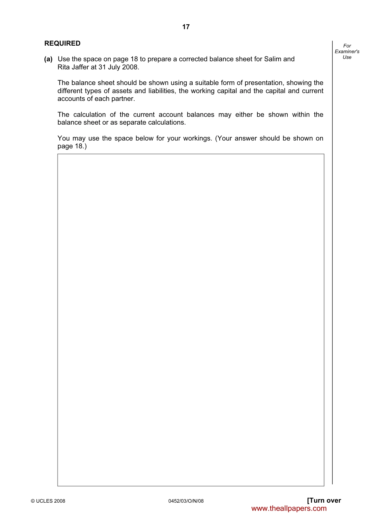 Cambridge IGCSE Accounting 0452 2008 Oct/Nov Paper 3 · Variant 1 question paper, page 17 of 20