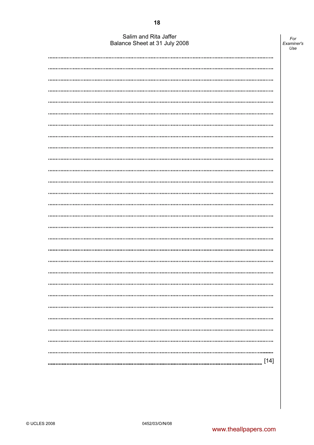 Cambridge IGCSE Accounting 0452 2008 Oct/Nov Paper 3 · Variant 1 question paper, page 18 of 20