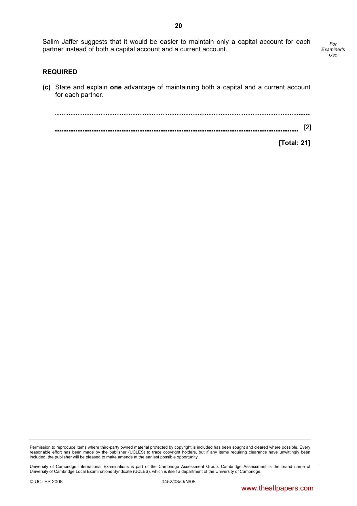 Cambridge IGCSE Accounting 0452 2008 Oct/Nov Paper 3 · Variant 1 question paper, page 20 of 20