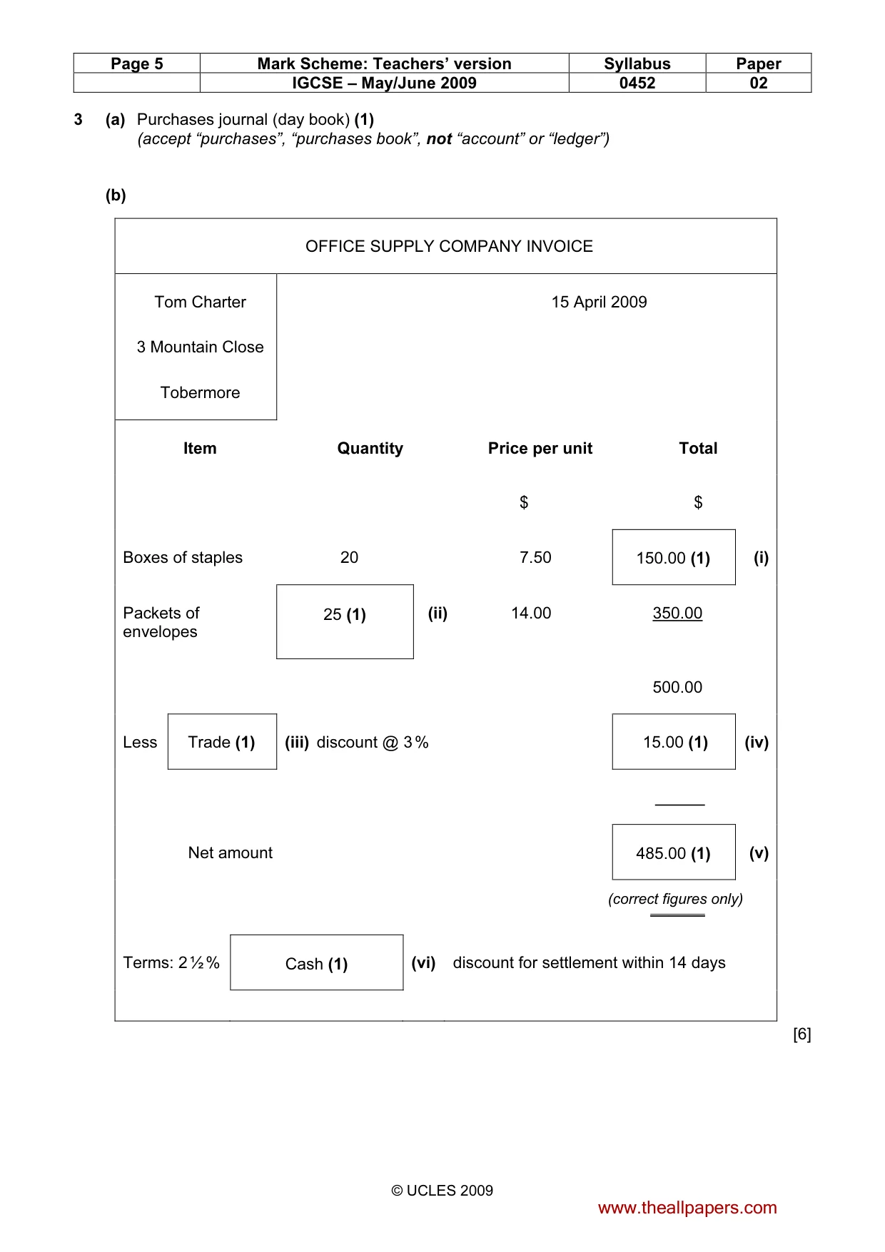 Mark scheme, page 5 of 9