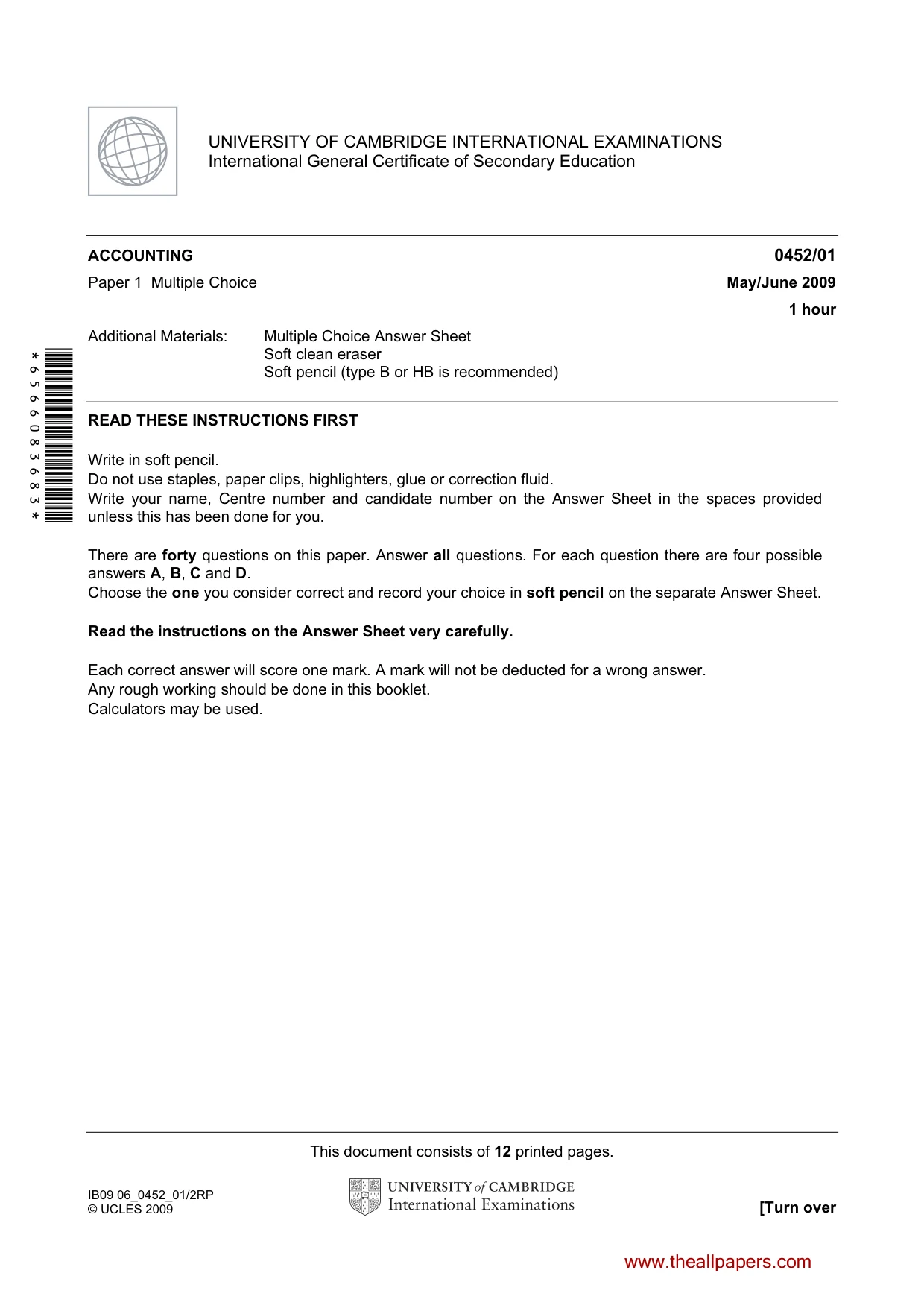 Cambridge IGCSE Accounting 0452 2009 May/June Paper 1 · Variant 1 question paper, page 1 of 12