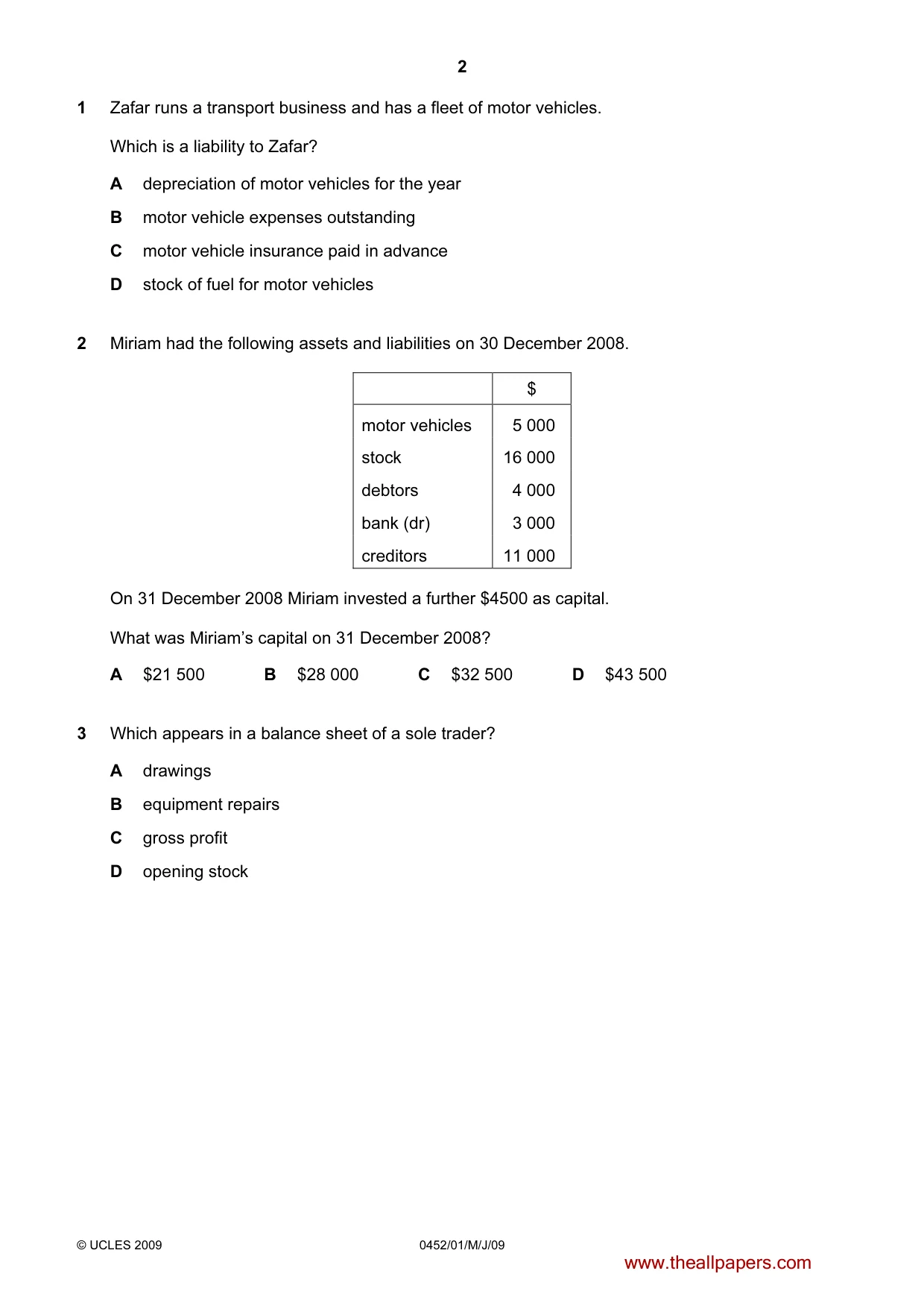 Cambridge IGCSE Accounting 0452 2009 May/June Paper 1 · Variant 1 question paper, page 2 of 12