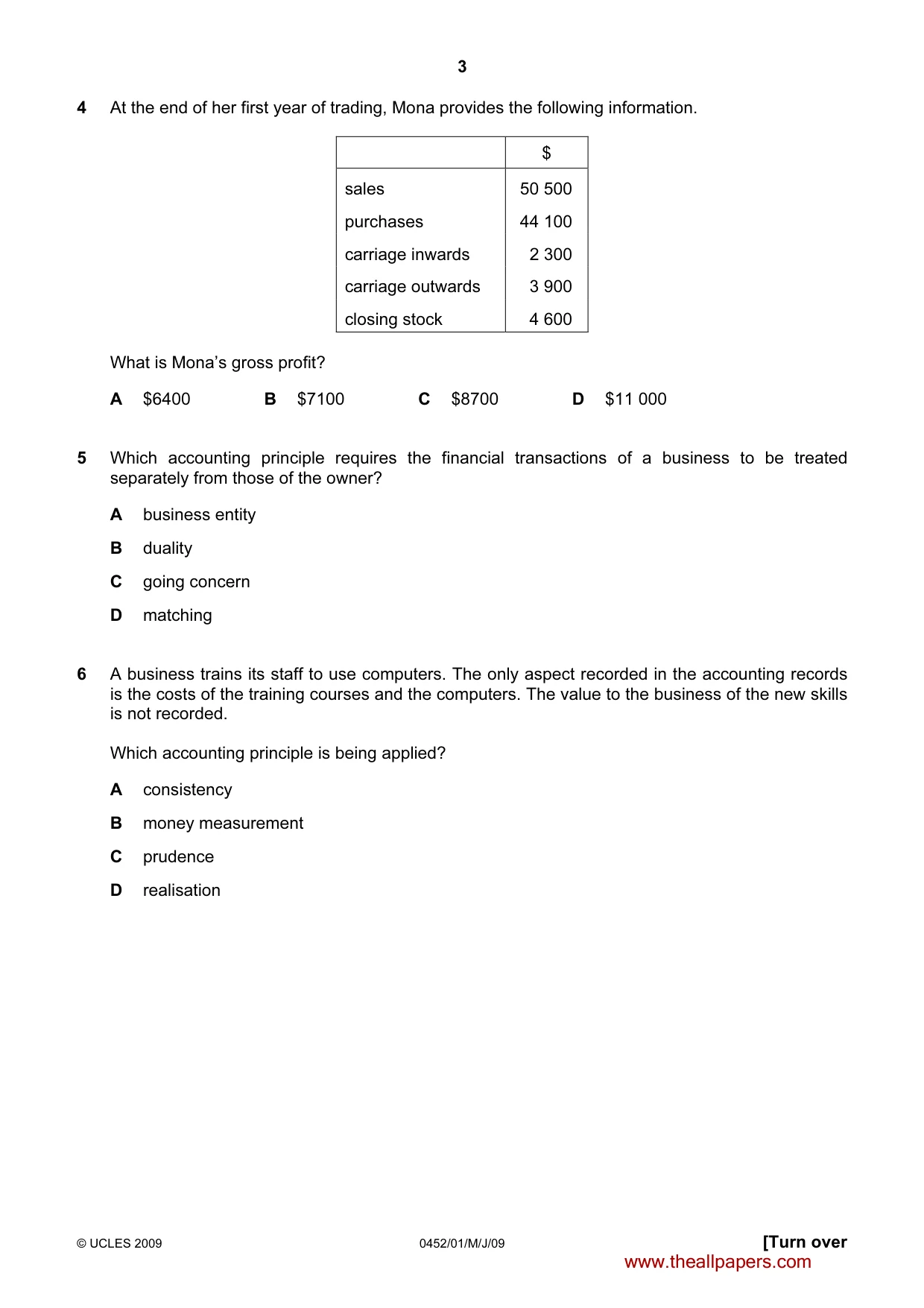 Cambridge IGCSE Accounting 0452 2009 May/June Paper 1 · Variant 1 question paper, page 3 of 12