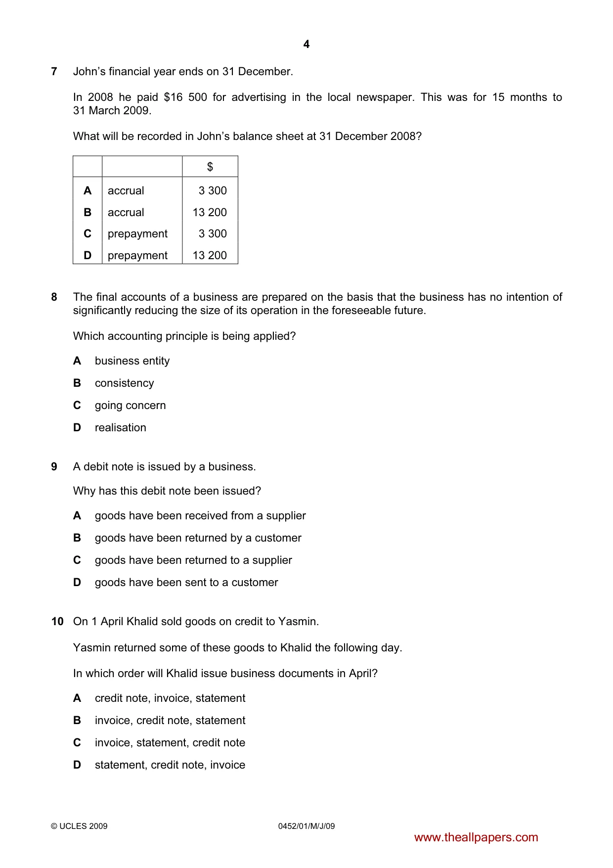 Cambridge IGCSE Accounting 0452 2009 May/June Paper 1 · Variant 1 question paper, page 4 of 12