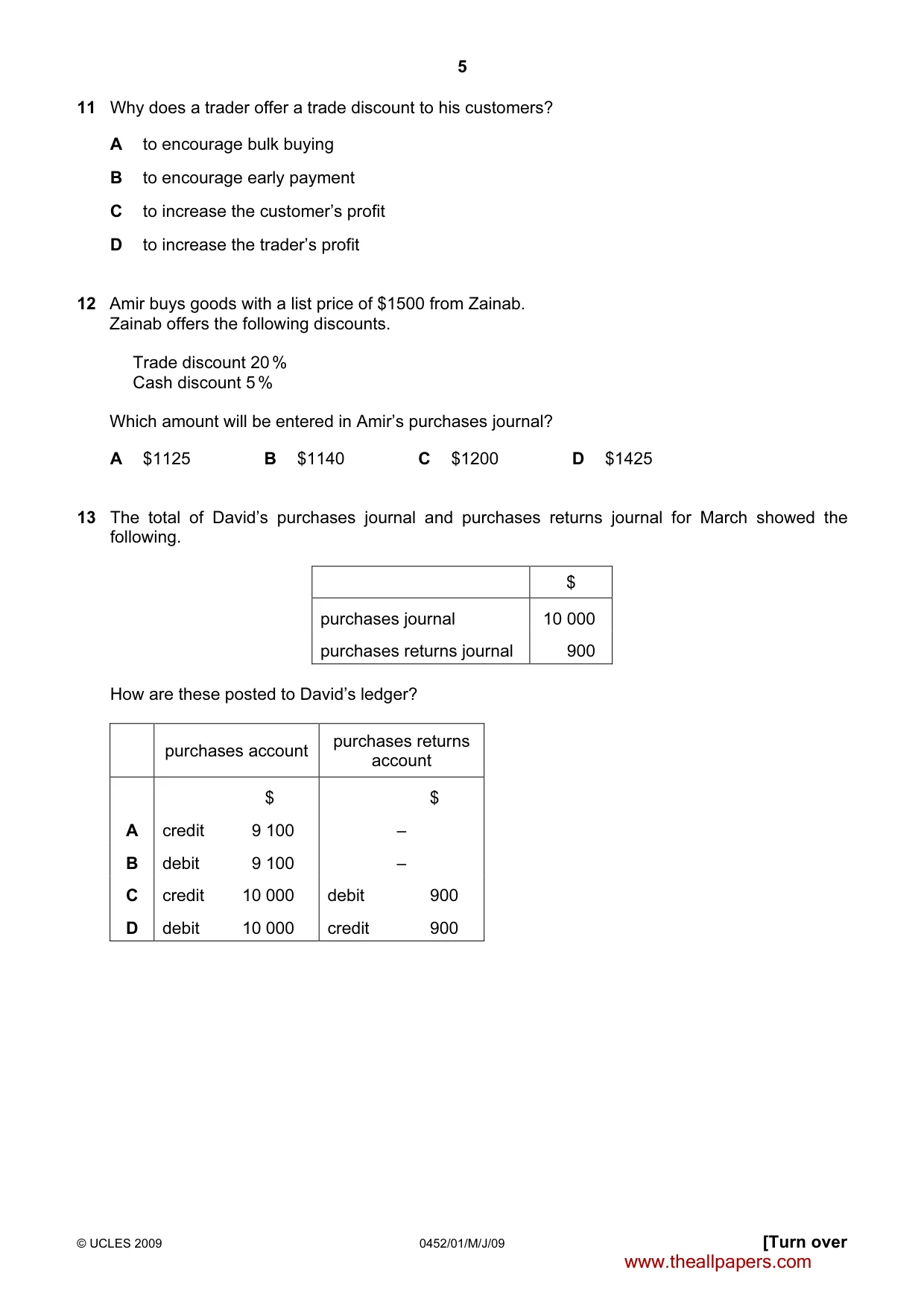 Cambridge IGCSE Accounting 0452 2009 May/June Paper 1 · Variant 1 question paper, page 5 of 12