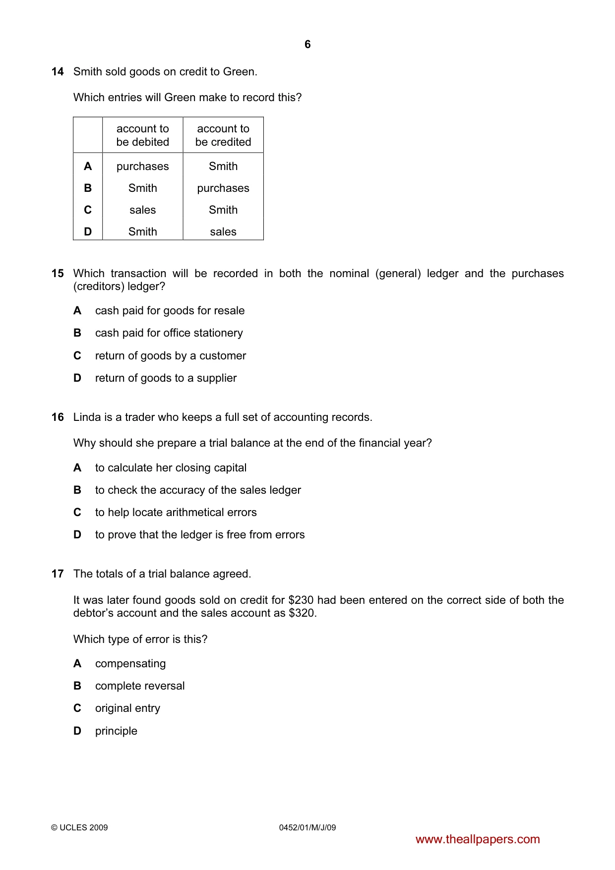Cambridge IGCSE Accounting 0452 2009 May/June Paper 1 · Variant 1 question paper, page 6 of 12