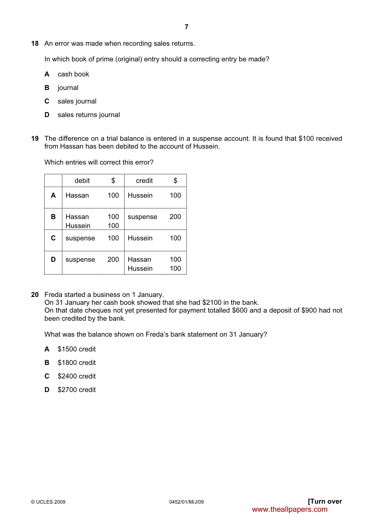 Cambridge IGCSE Accounting 0452 2009 May/June Paper 1 · Variant 1 question paper, page 7 of 12