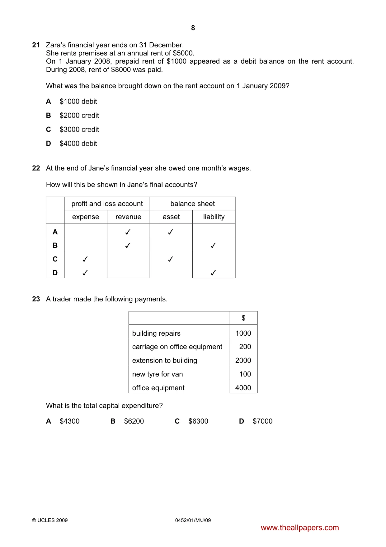 Cambridge IGCSE Accounting 0452 2009 May/June Paper 1 · Variant 1 question paper, page 8 of 12
