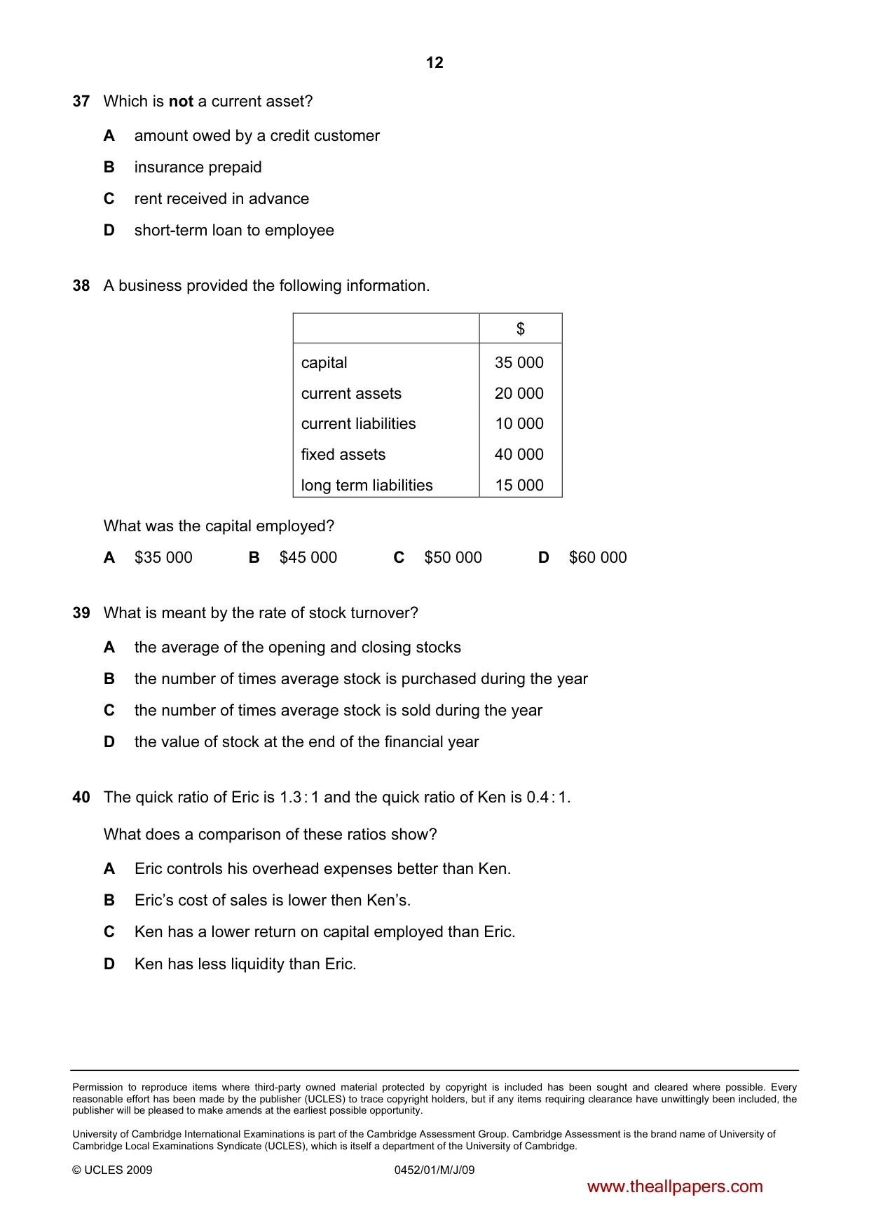 Cambridge IGCSE Accounting 0452 2009 May/June Paper 1 · Variant 1 question paper, page 12 of 12