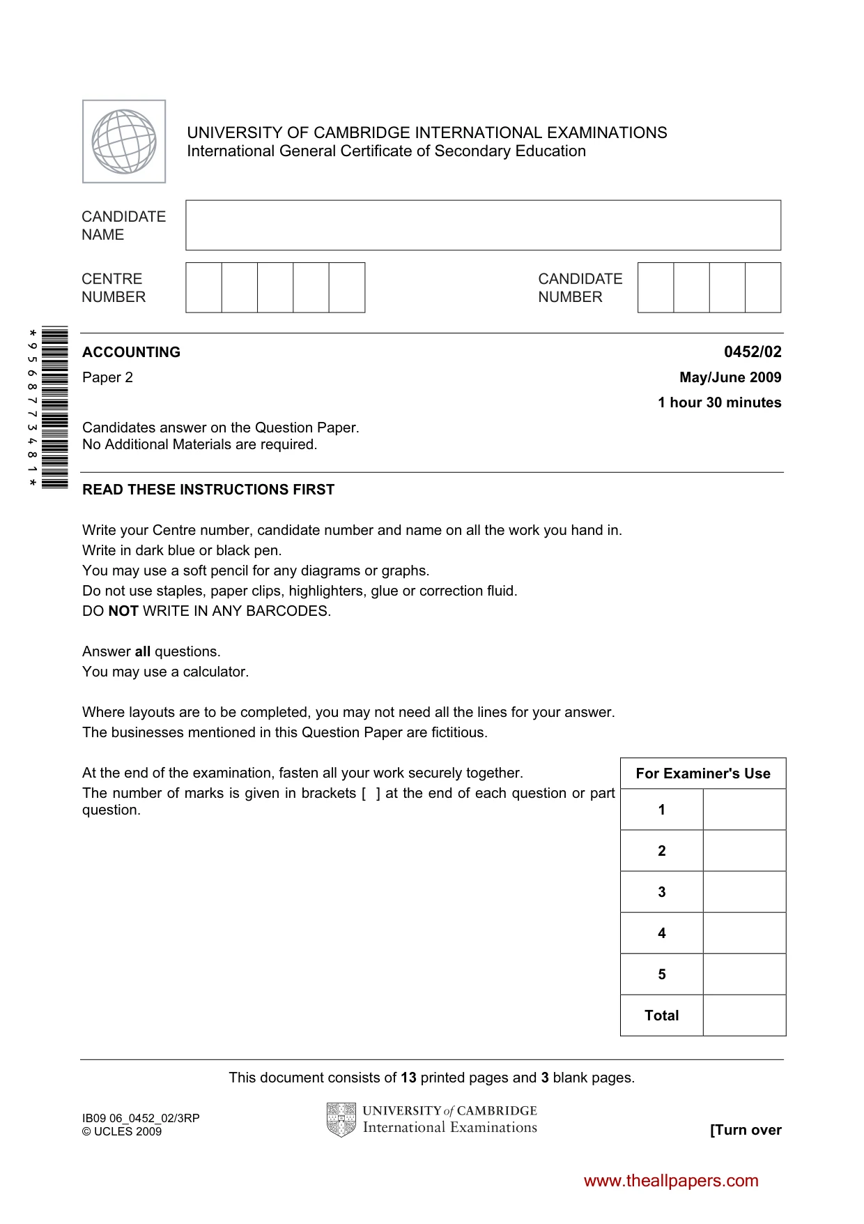 Cambridge IGCSE Accounting 0452 2009 May/June Paper 2 · Variant 1 question paper, page 1 of 16