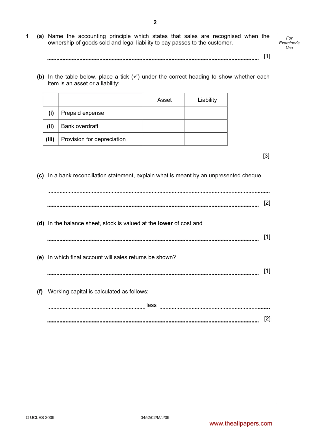 Cambridge IGCSE Accounting 0452 2009 May/June Paper 2 · Variant 1 question paper, page 2 of 16