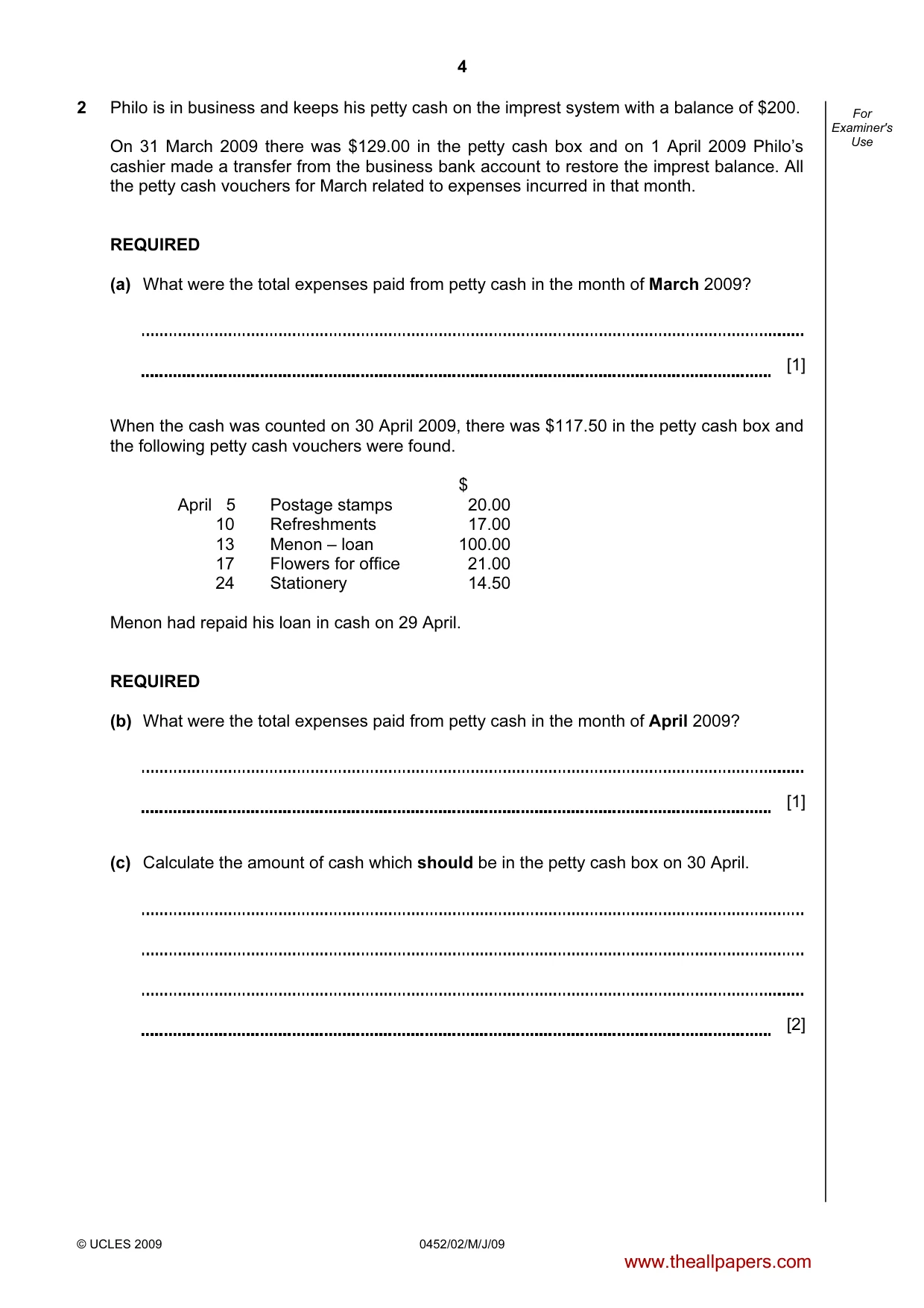 Cambridge IGCSE Accounting 0452 2009 May/June Paper 2 · Variant 1 question paper, page 4 of 16