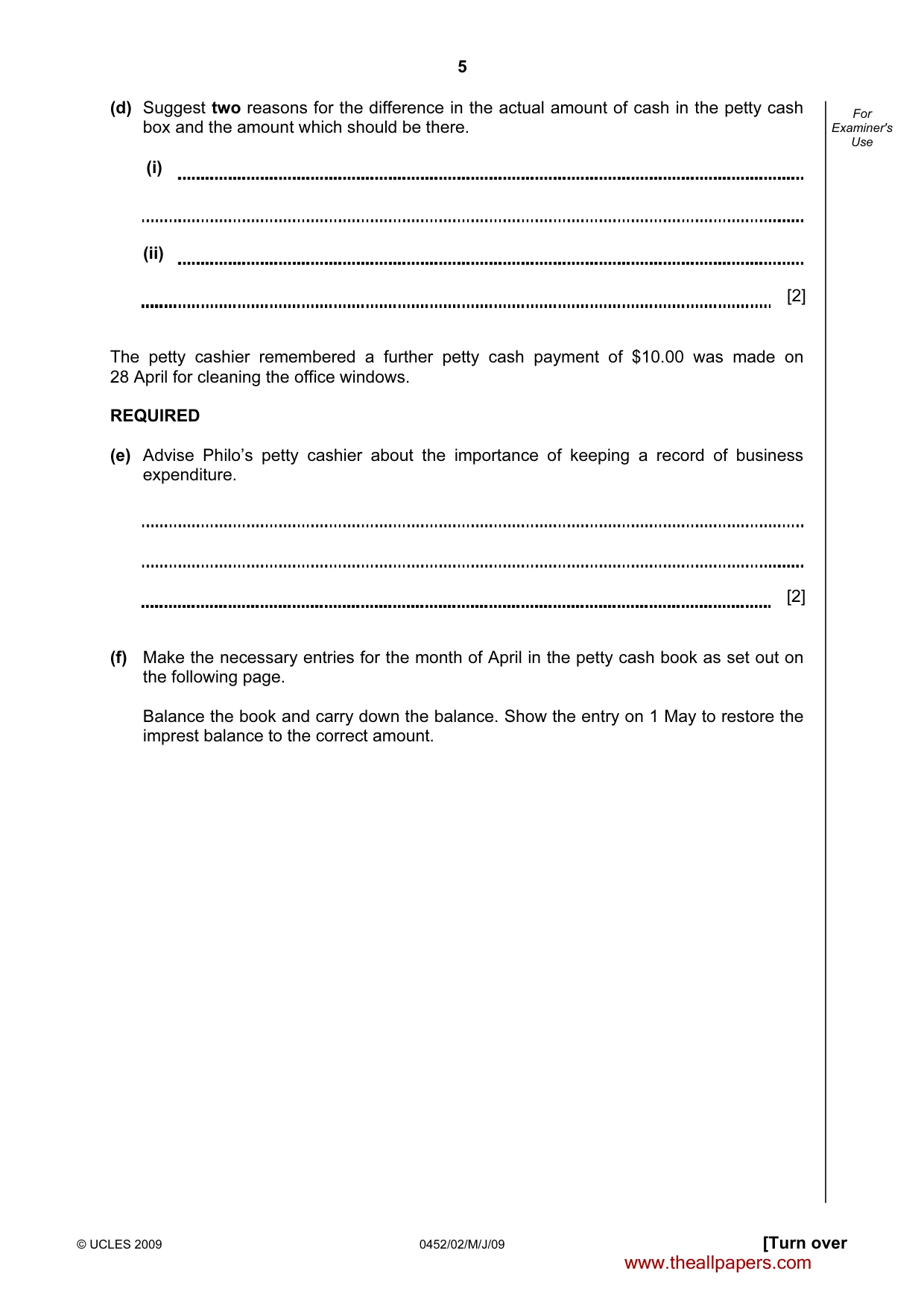 Cambridge IGCSE Accounting 0452 2009 May/June Paper 2 · Variant 1 question paper, page 5 of 16