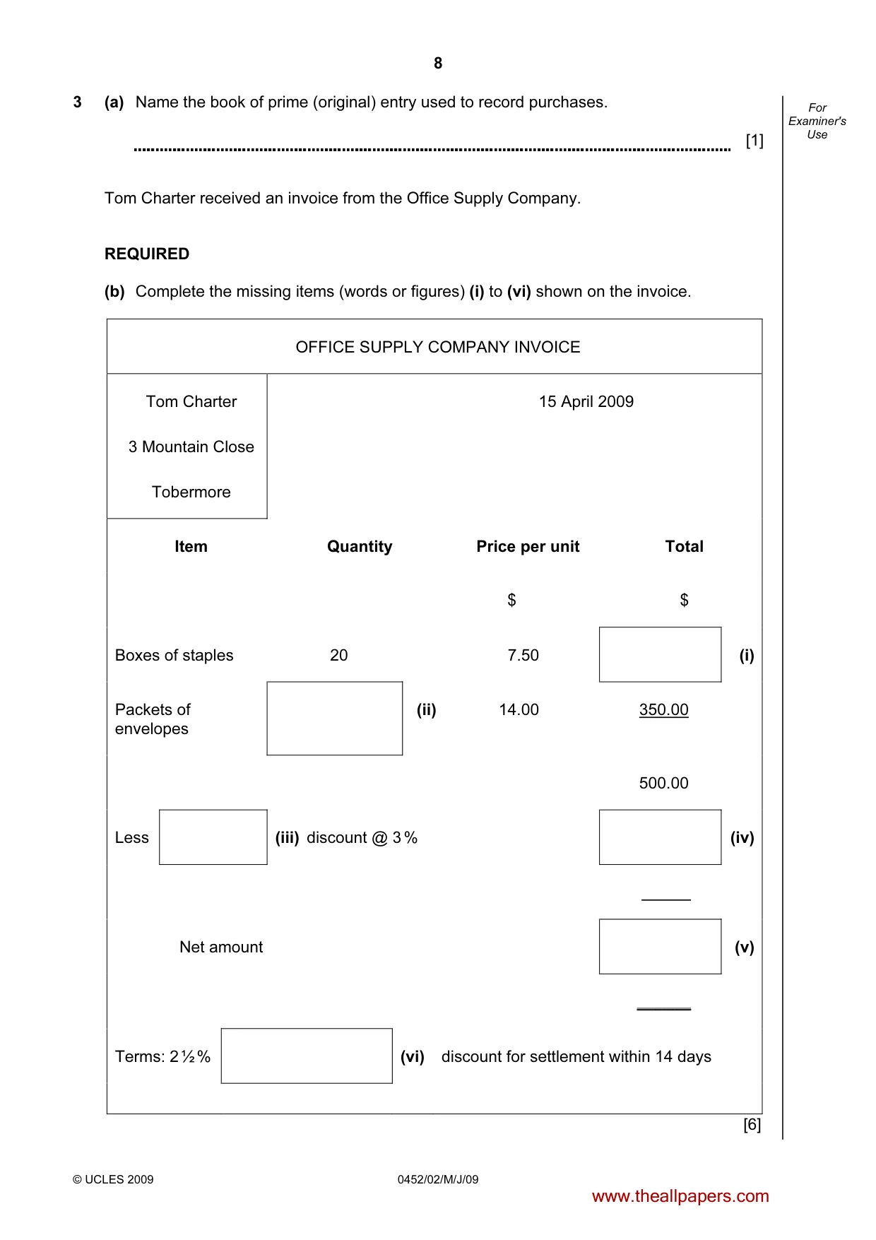 Cambridge IGCSE Accounting 0452 2009 May/June Paper 2 · Variant 1 question paper, page 8 of 16