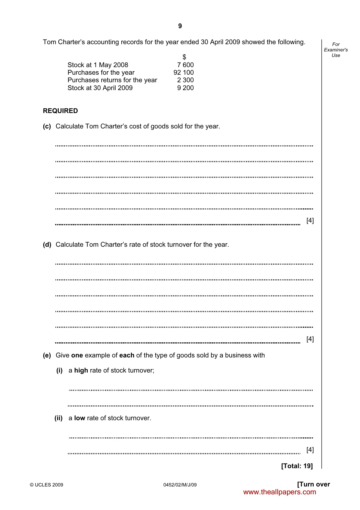 Cambridge IGCSE Accounting 0452 2009 May/June Paper 2 · Variant 1 question paper, page 9 of 16