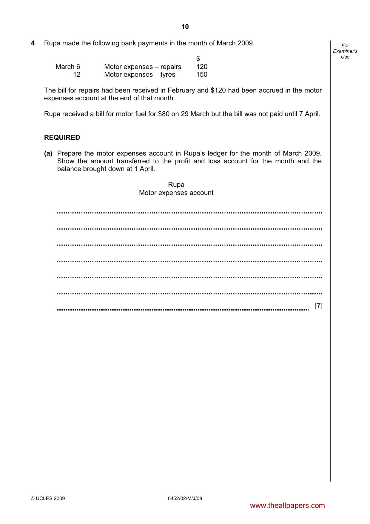 Cambridge IGCSE Accounting 0452 2009 May/June Paper 2 · Variant 1 question paper, page 10 of 16