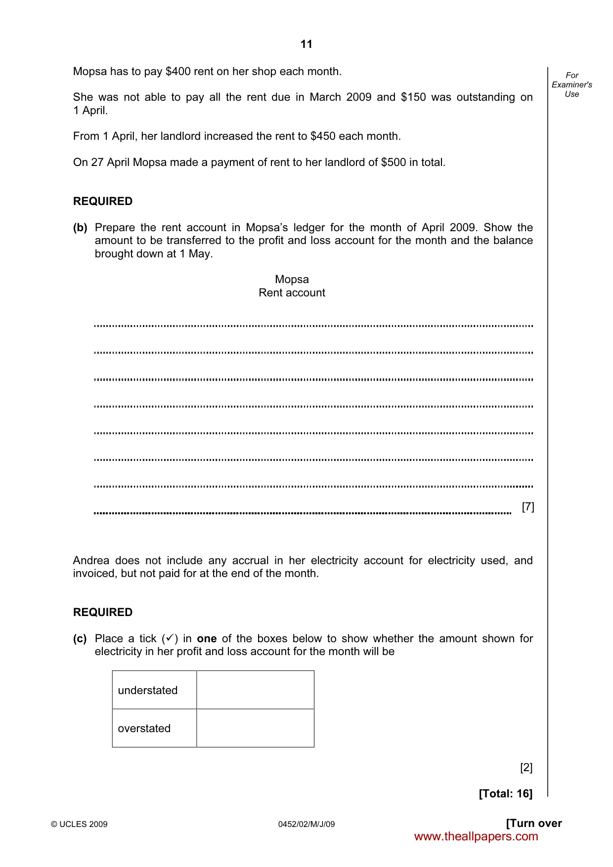 Cambridge IGCSE Accounting 0452 2009 May/June Paper 2 · Variant 1 question paper, page 11 of 16