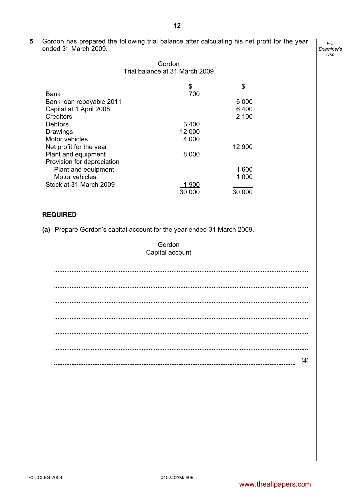 Cambridge IGCSE Accounting 0452 2009 May/June Paper 2 · Variant 1 question paper, page 12 of 16