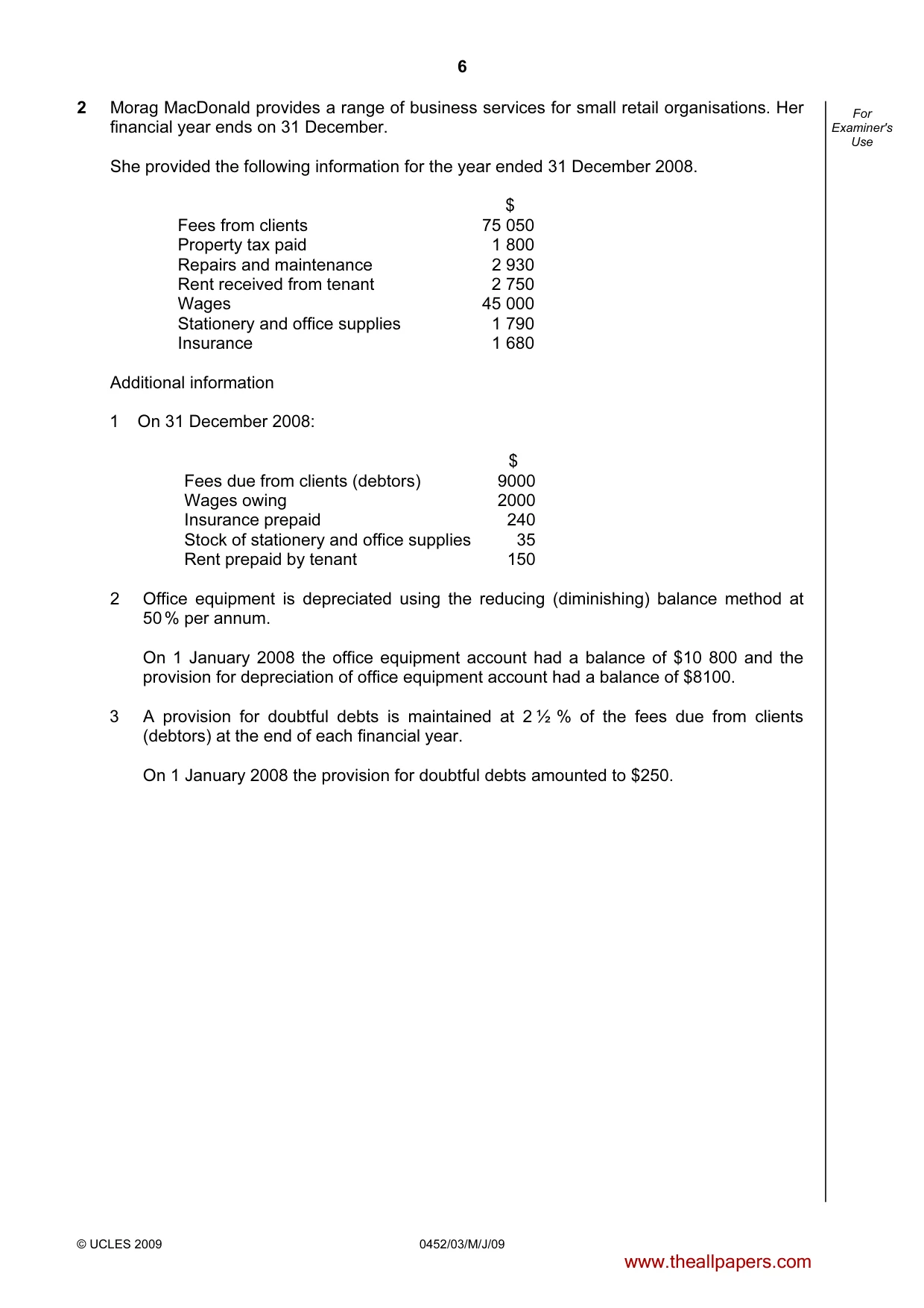Cambridge IGCSE Accounting 0452 2009 May/June Paper 3 · Variant 1 question paper, page 6 of 24