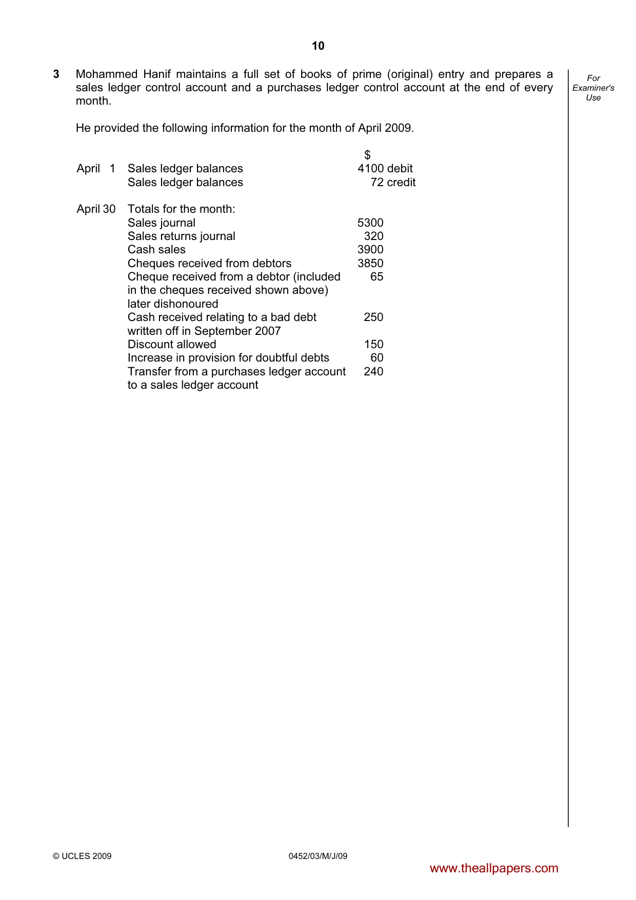 Cambridge IGCSE Accounting 0452 2009 May/June Paper 3 · Variant 1 question paper, page 10 of 24