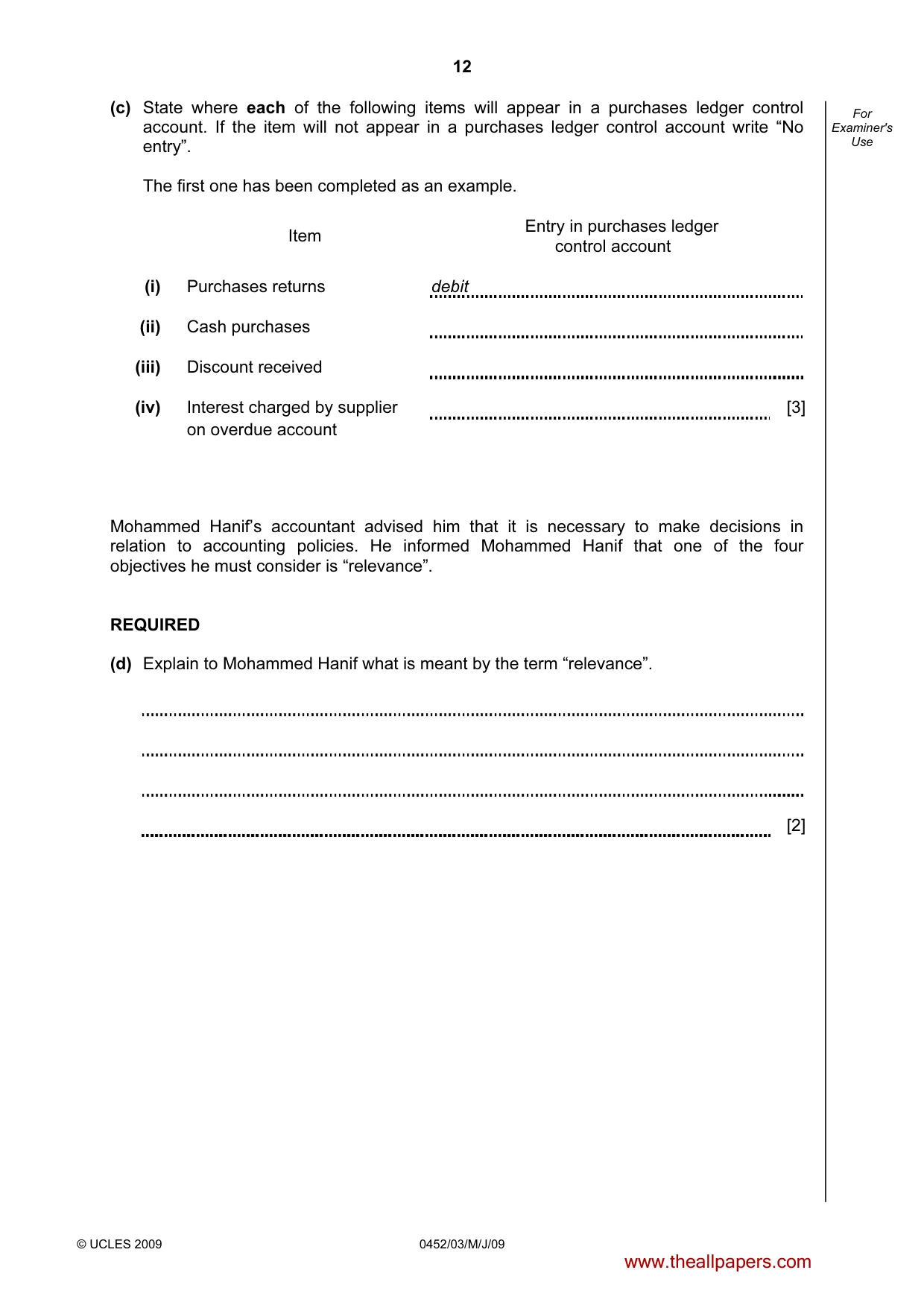 Cambridge IGCSE Accounting 0452 2009 May/June Paper 3 · Variant 1 question paper, page 12 of 24