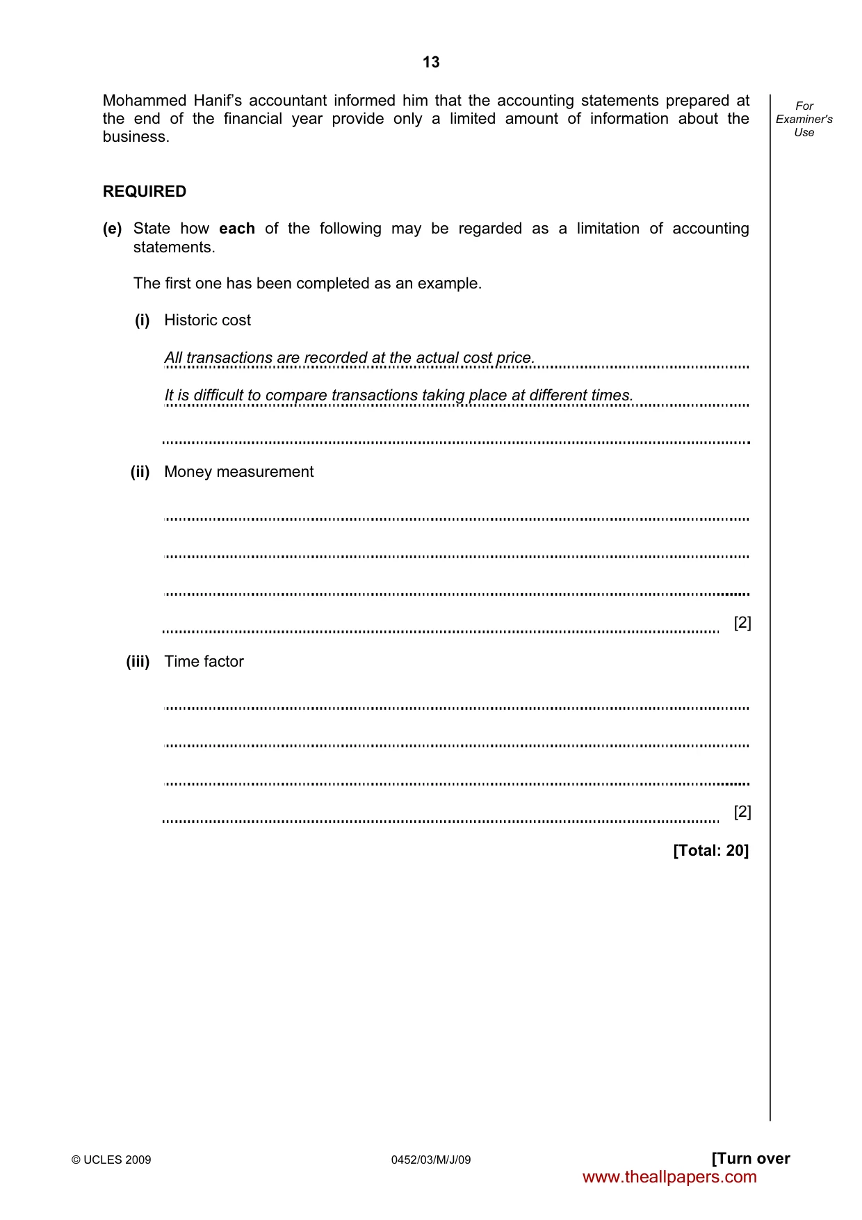 Cambridge IGCSE Accounting 0452 2009 May/June Paper 3 · Variant 1 question paper, page 13 of 24