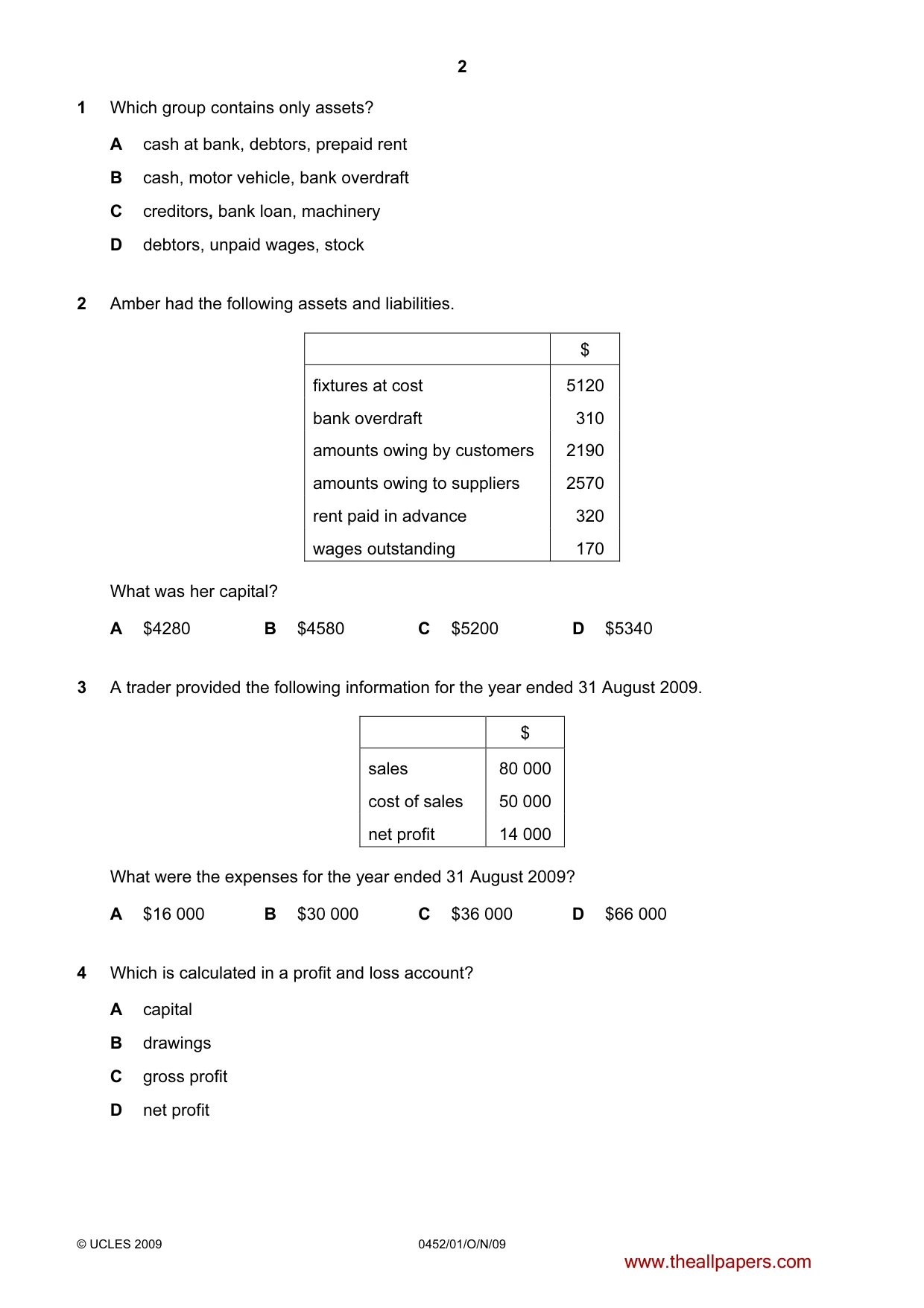 Cambridge IGCSE Accounting 0452 2009 Oct/Nov Paper 1 · Variant 1 question paper, page 2 of 12