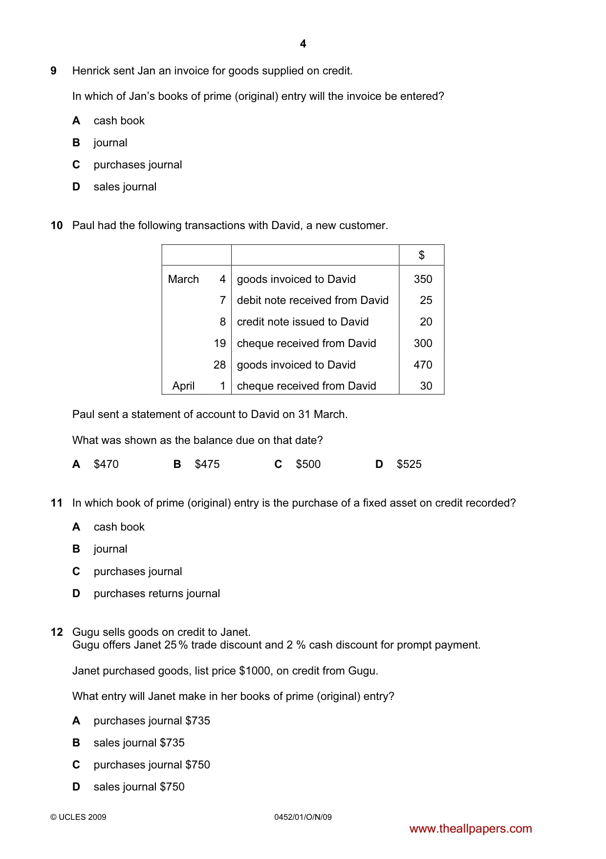 Cambridge IGCSE Accounting 0452 2009 Oct/Nov Paper 1 · Variant 1 question paper, page 4 of 12