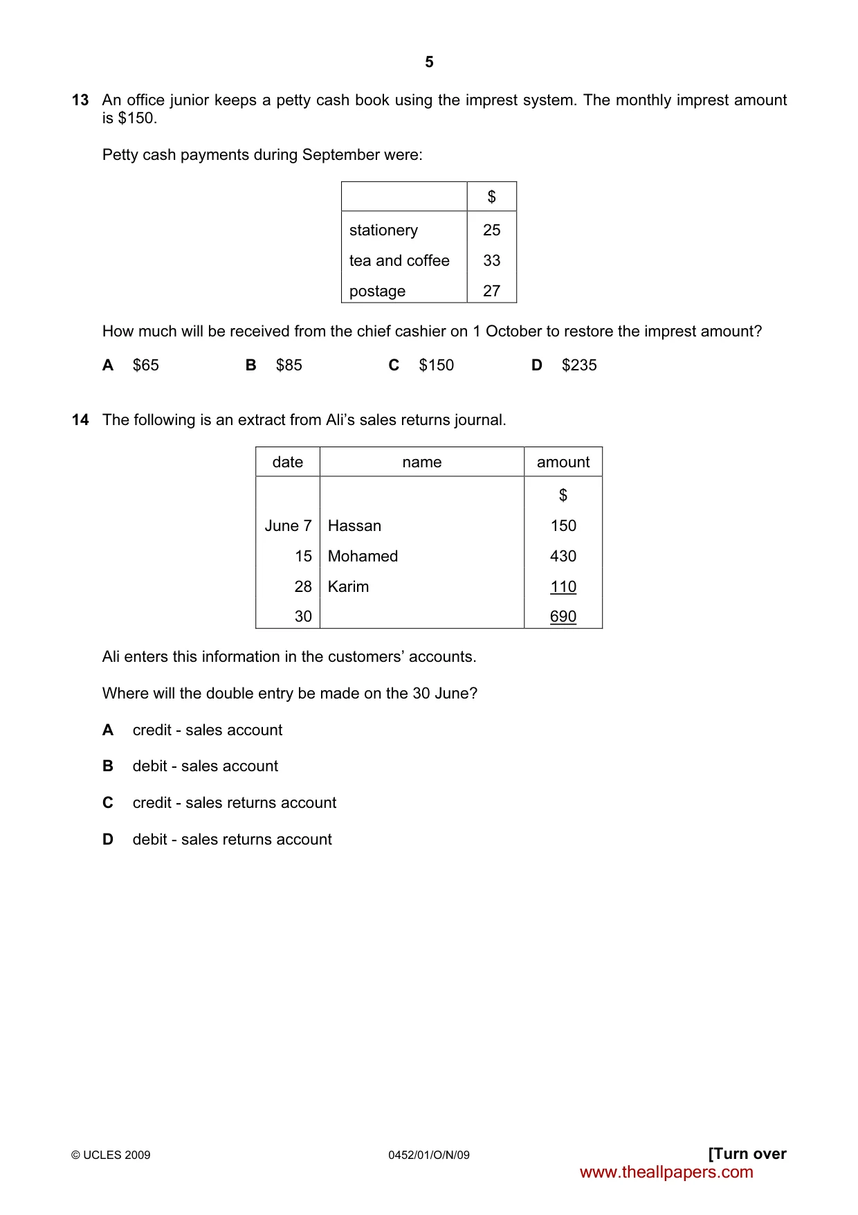 Cambridge IGCSE Accounting 0452 2009 Oct/Nov Paper 1 · Variant 1 question paper, page 5 of 12