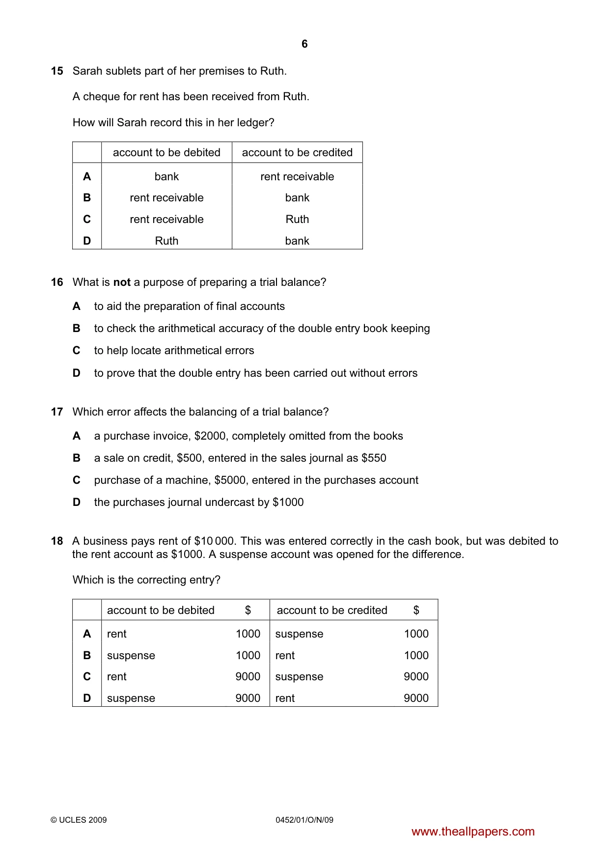 Cambridge IGCSE Accounting 0452 2009 Oct/Nov Paper 1 · Variant 1 question paper, page 6 of 12