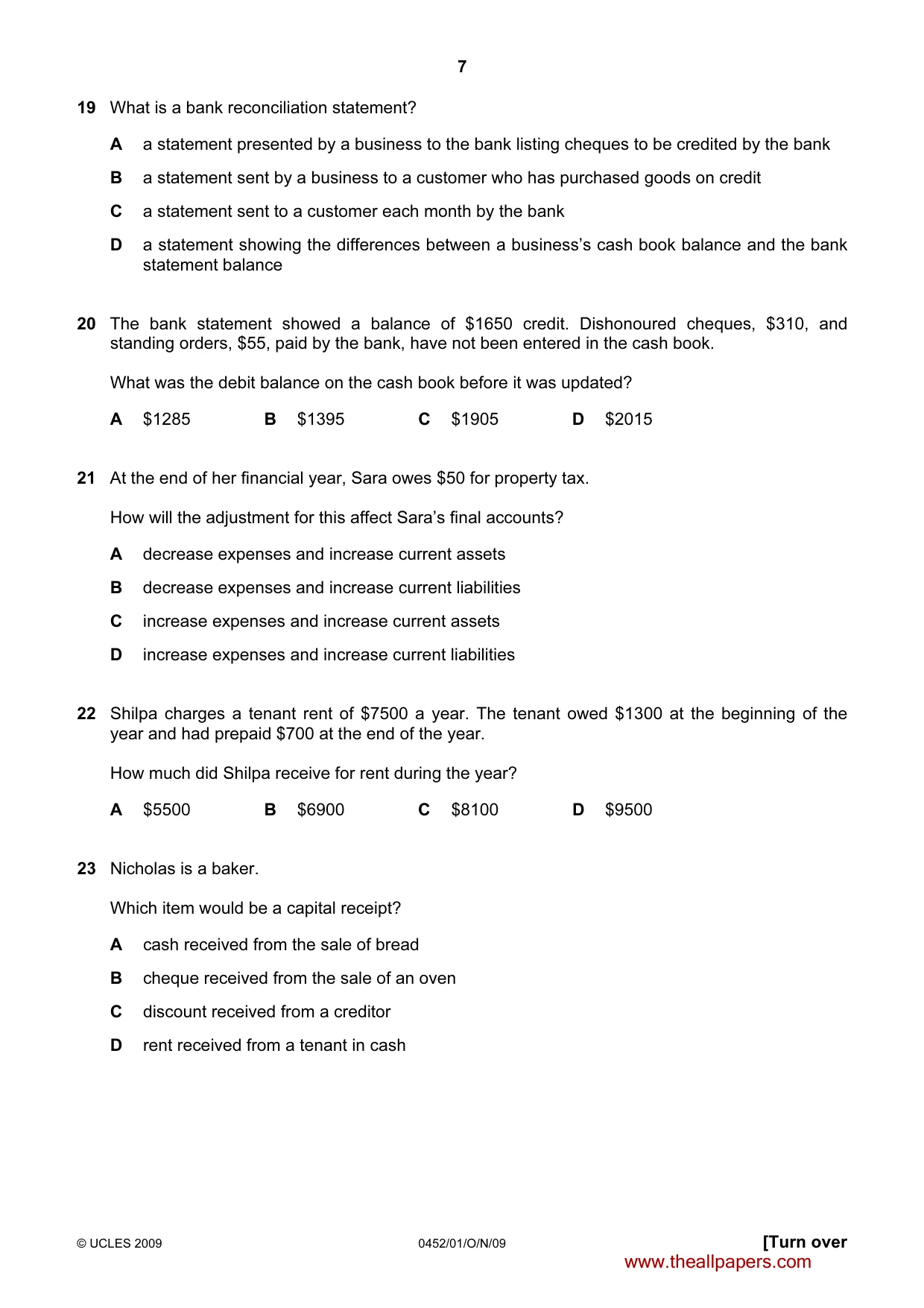 Cambridge IGCSE Accounting 0452 2009 Oct/Nov Paper 1 · Variant 1 question paper, page 7 of 12