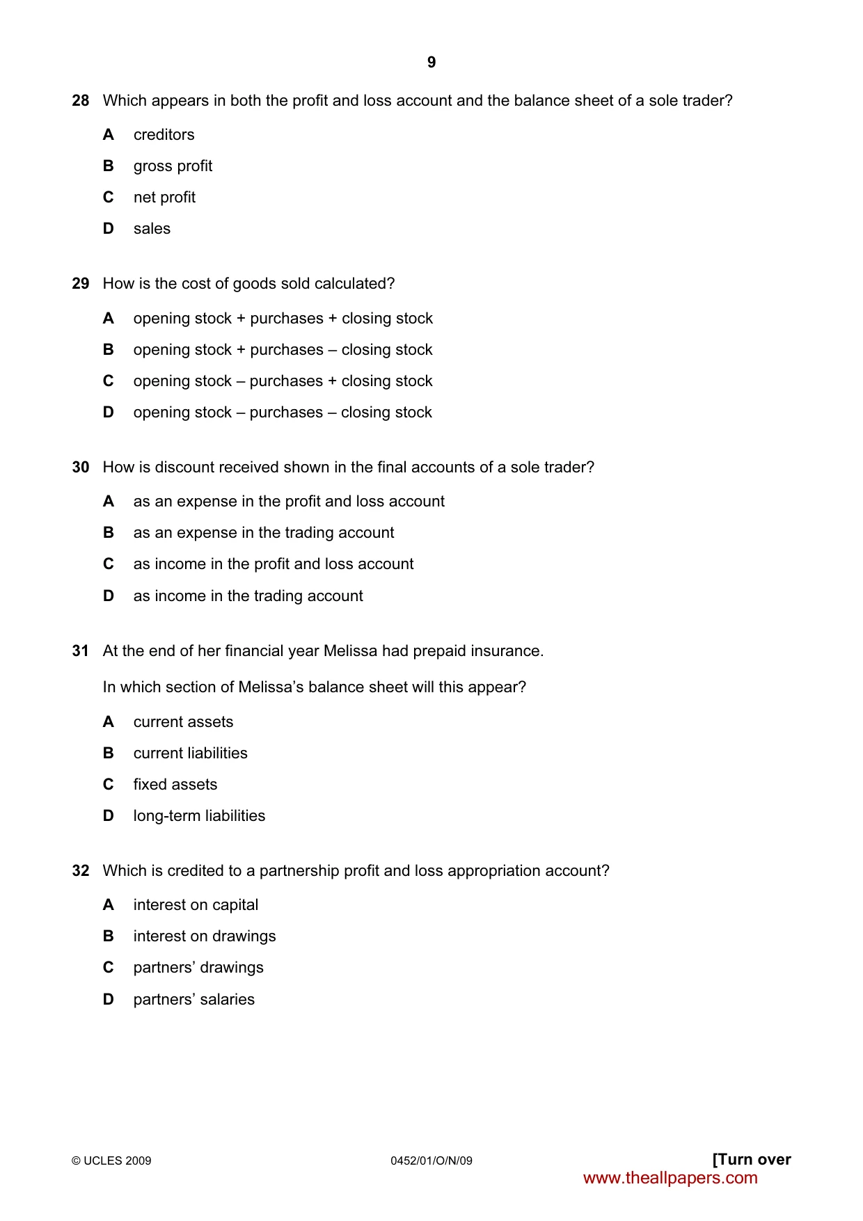 Cambridge IGCSE Accounting 0452 2009 Oct/Nov Paper 1 · Variant 1 question paper, page 9 of 12