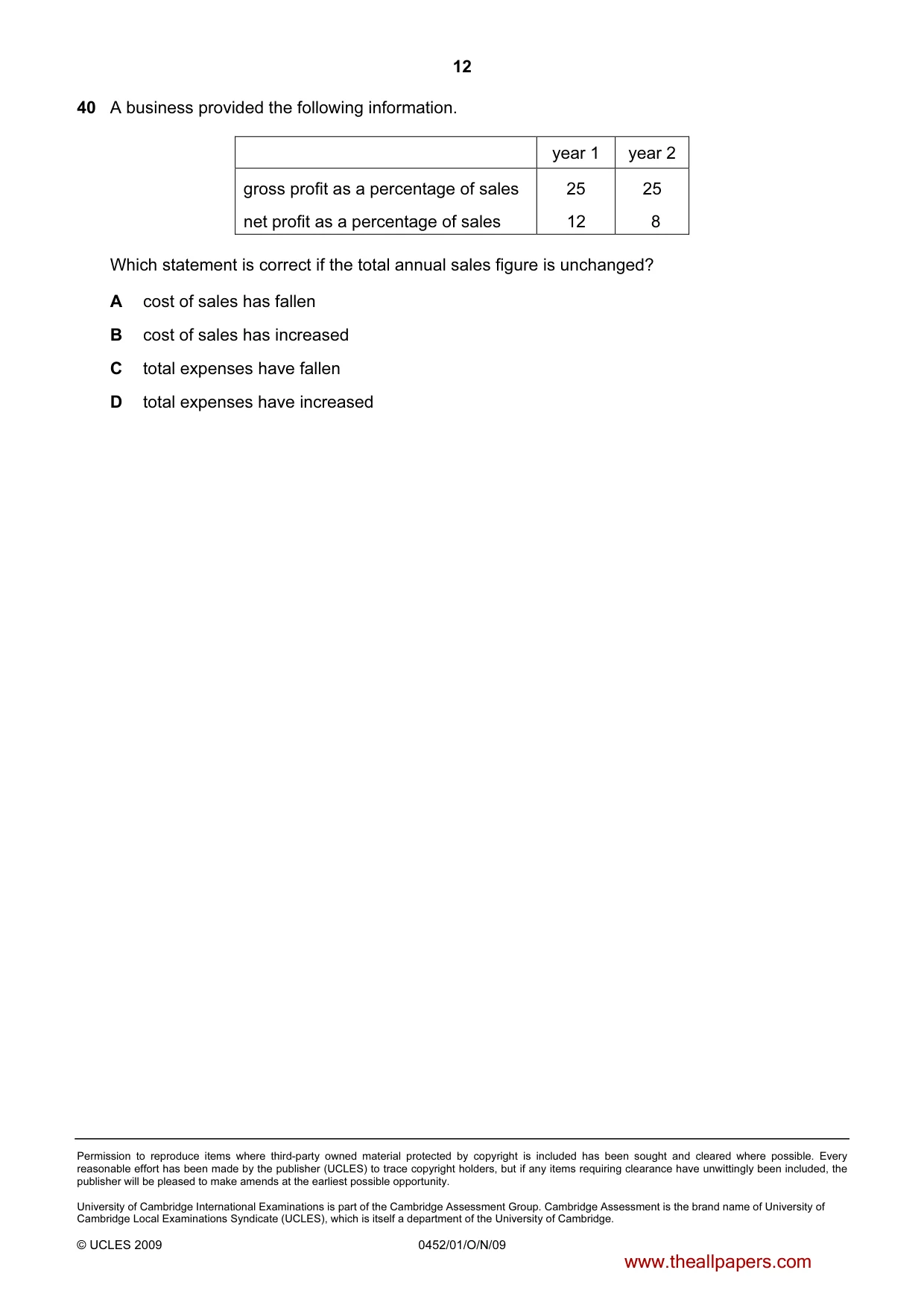 Cambridge IGCSE Accounting 0452 2009 Oct/Nov Paper 1 · Variant 1 question paper, page 12 of 12