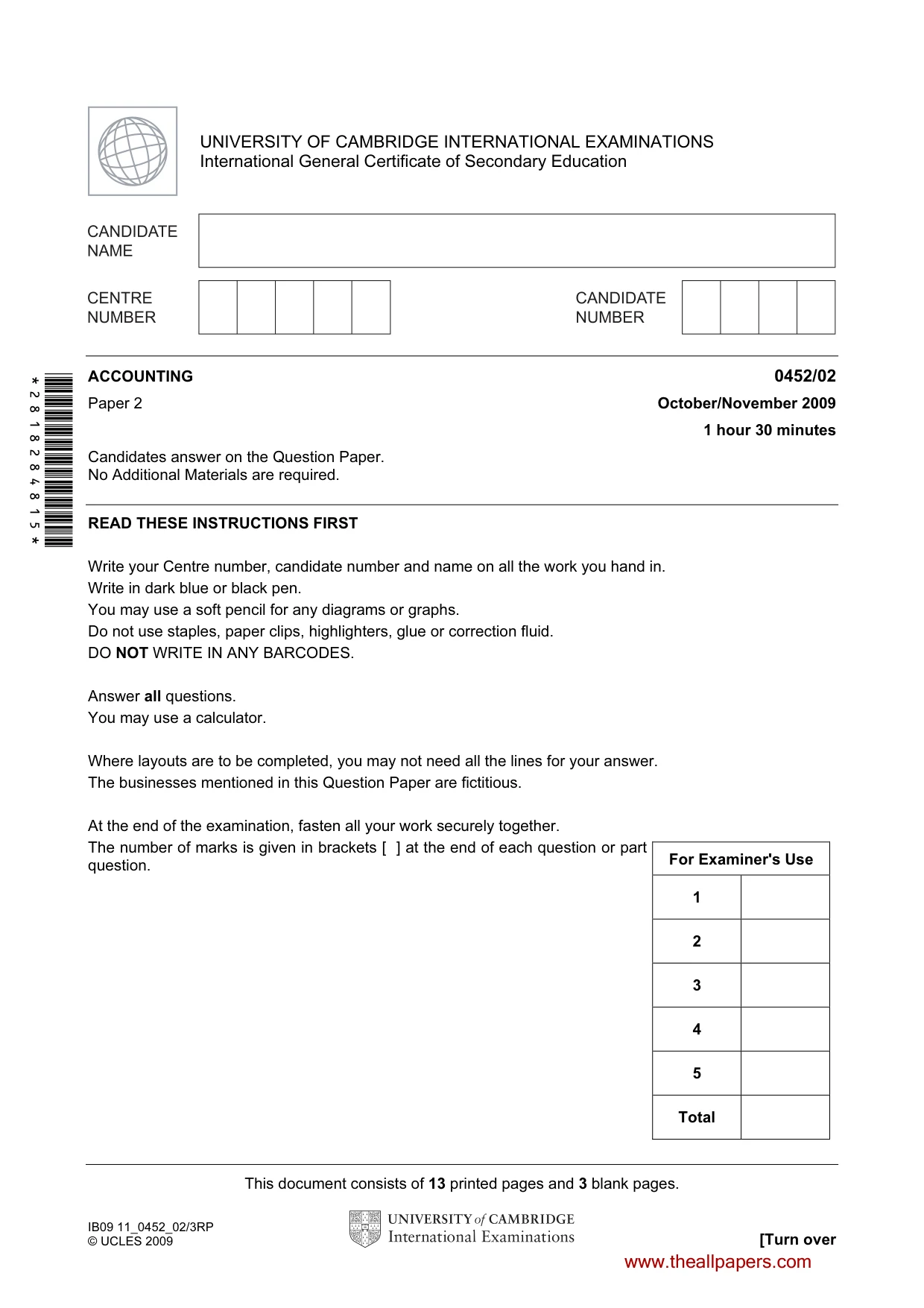 Cambridge IGCSE Accounting 0452 2009 Oct/Nov Paper 2 · Variant 1 question paper, page 1 of 16