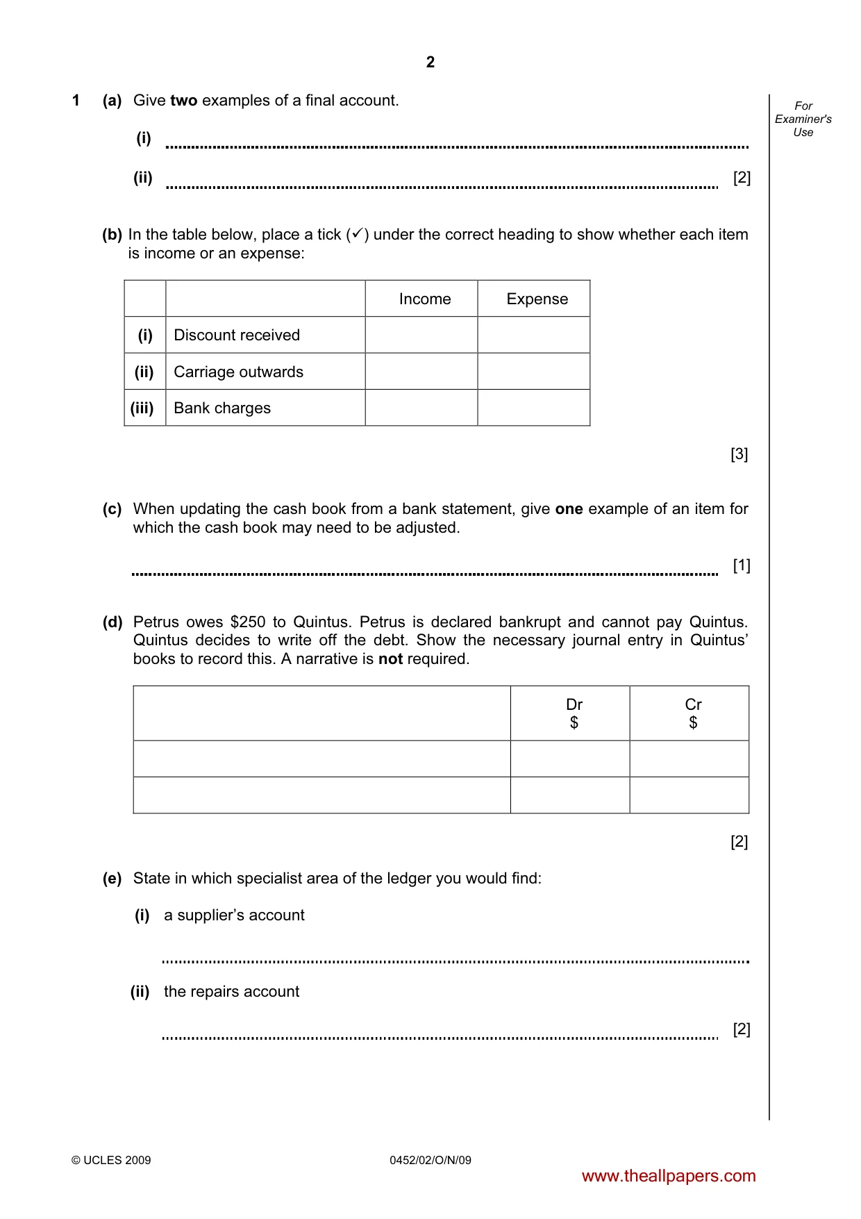 Cambridge IGCSE Accounting 0452 2009 Oct/Nov Paper 2 · Variant 1 question paper, page 2 of 16