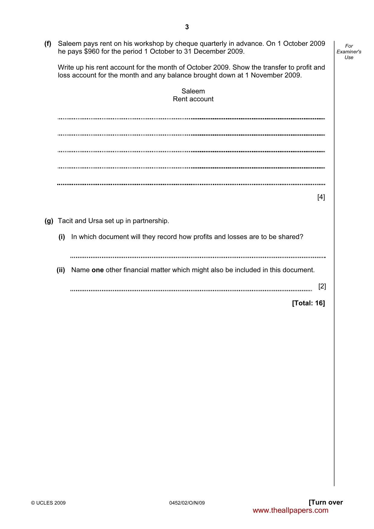 Cambridge IGCSE Accounting 0452 2009 Oct/Nov Paper 2 · Variant 1 question paper, page 3 of 16